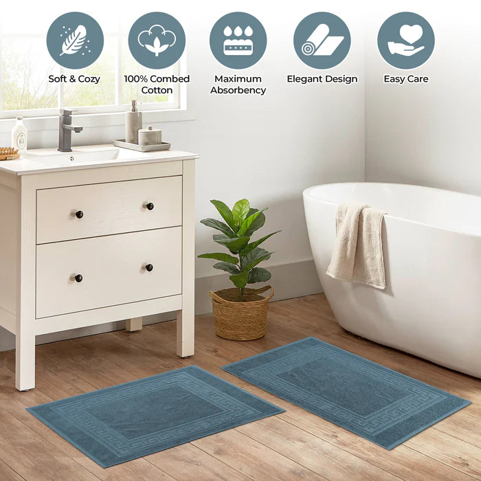 Premium Cotton 2-Piece Greek Key Border Bath Mat Set - Ultra Absorbent, Non-Slip Bathroom Rug - Perfect for Modern Bathrooms, Master Suites & Spa-Like Retreats