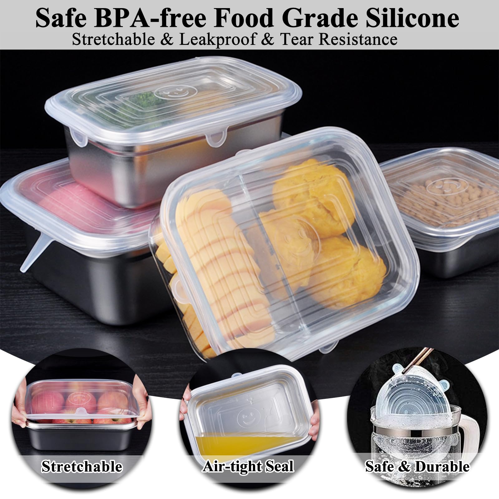 Adpartner 6-Piece Reusable BPA-Free Silicone Stretch Lids Set - Food Storage Covers for Square & Rectangle Containers (Microwave, Freezer & Dishwasher Safe) - Perfect for Meal Prep, Leftovers & Refrigerator Organization