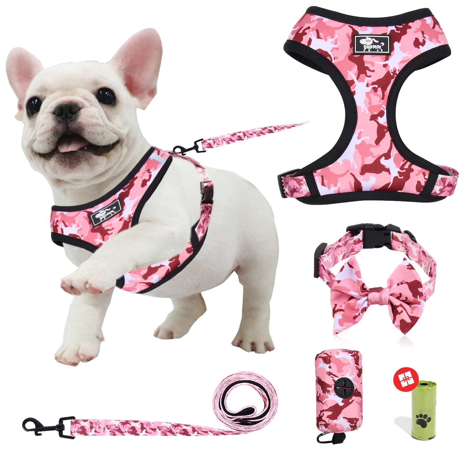 **Adjustable Reflective No-Pull Dog Harness & Leash Set for Small Dogs & Puppies - Pink Camouflage Vest with Bow-Tie Collar & Poop Bags (Size S) - Perfect for Walking, Training & Outdoor Adventures**