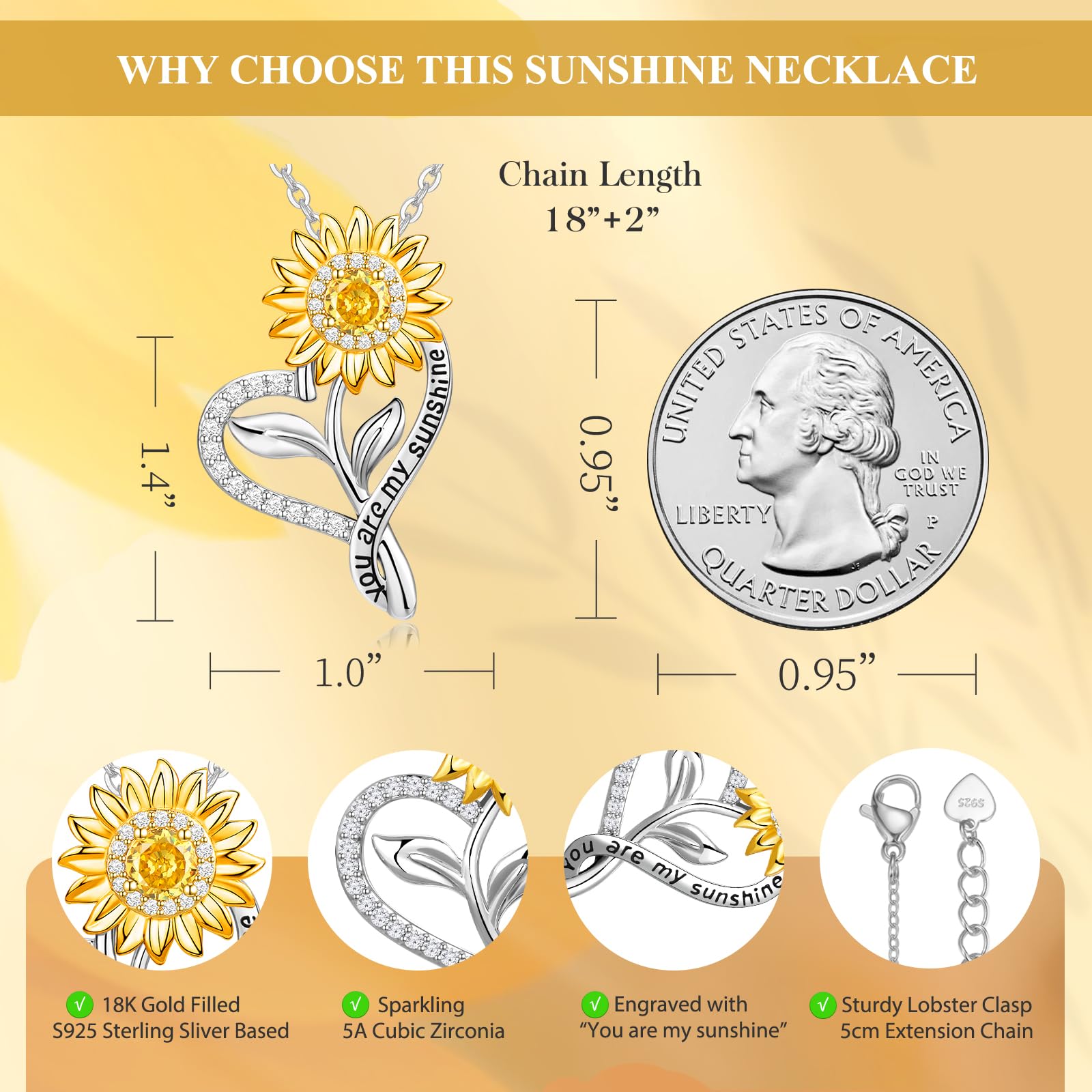 18K Gold Plated Sunflower Necklace for Women - Elegant Anniversary, Birthday & Valentine's Day Gift for Wife, Girlfriend, Mom, Daughter, Sister & Friend - 