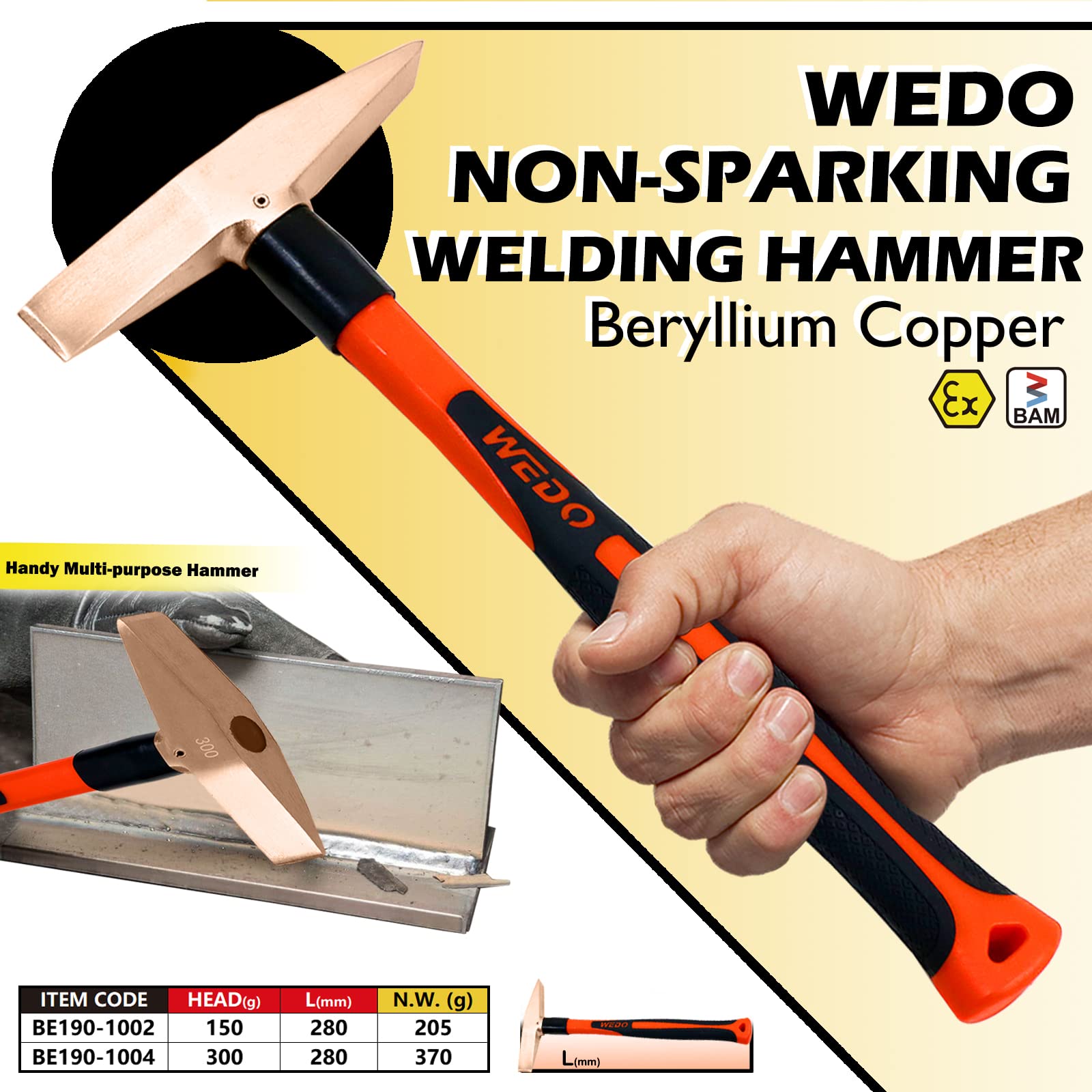 WEDO Beryllium Copper Non-Sparking Welding Chipping Hammer - 300g (0.7lb) Fiberglass Handle Slag Removal Tool - 280mm (11