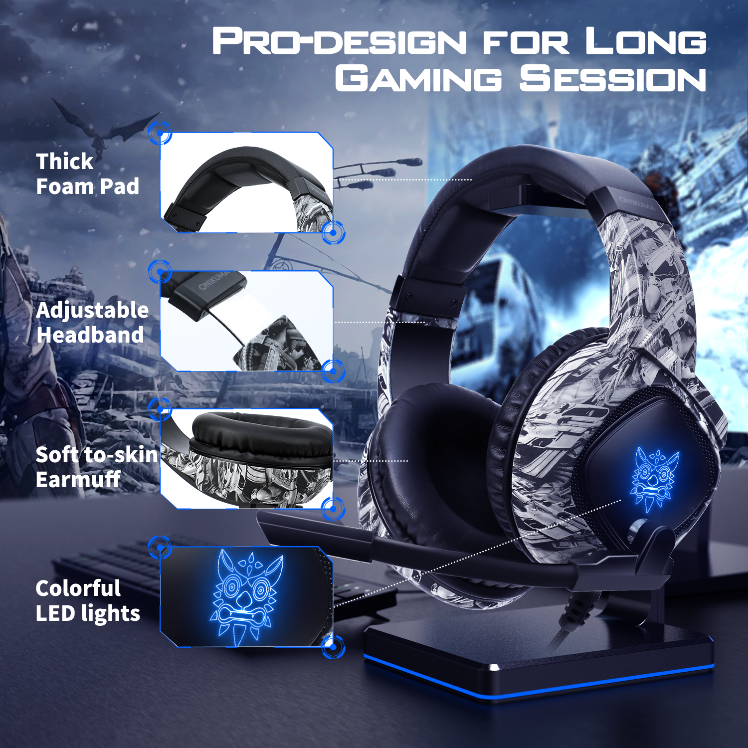 ONIKUMA K19 Professional Gaming Headset with RGB LED Lights - Noise Cancelling Mic, Comfortable Ear Cushions for PC, PS4, Xbox - Perfect for FPS Games & Late Night Gaming Sessions
