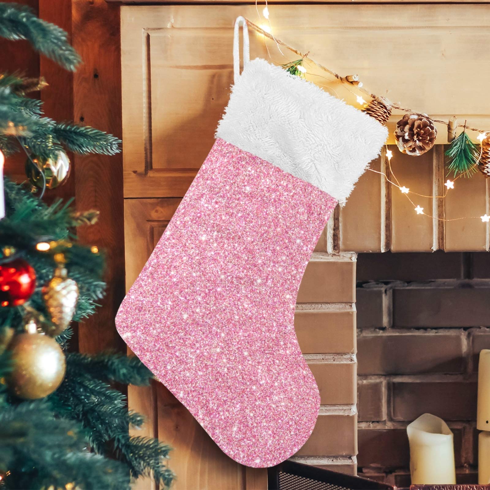 Personalized Large 18 Inch Pink Glitter Christmas Stockings with Snowflake Design - Cute Holiday Decor for Xmas Tree, Fireplace Mantel & Family Party Gifts