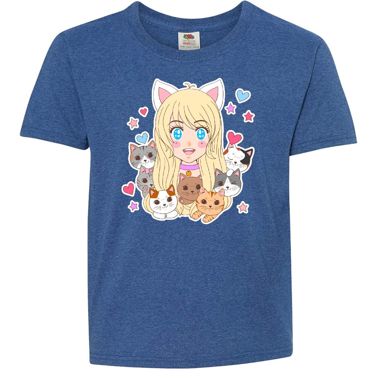 Inktastic Neko Anime Girl with Kittens Cute Japanese Graphic Youth T-Shirt - Perfect for Cosplay, Anime Conventions & Kawaii Fashion Lovers