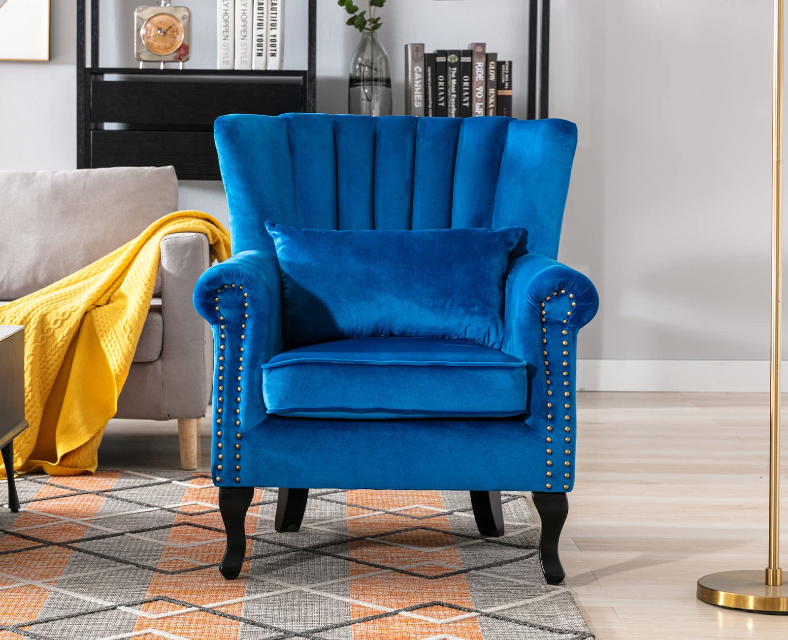 Kmax Blue Velvet Wingback Accent Chair with Pillow - Nail-Head Channel Tufted Oversized Club Chair for Living Room, Bedroom & Guest Room - Perfect for Reading Nook, Home Office & Lounge Areas