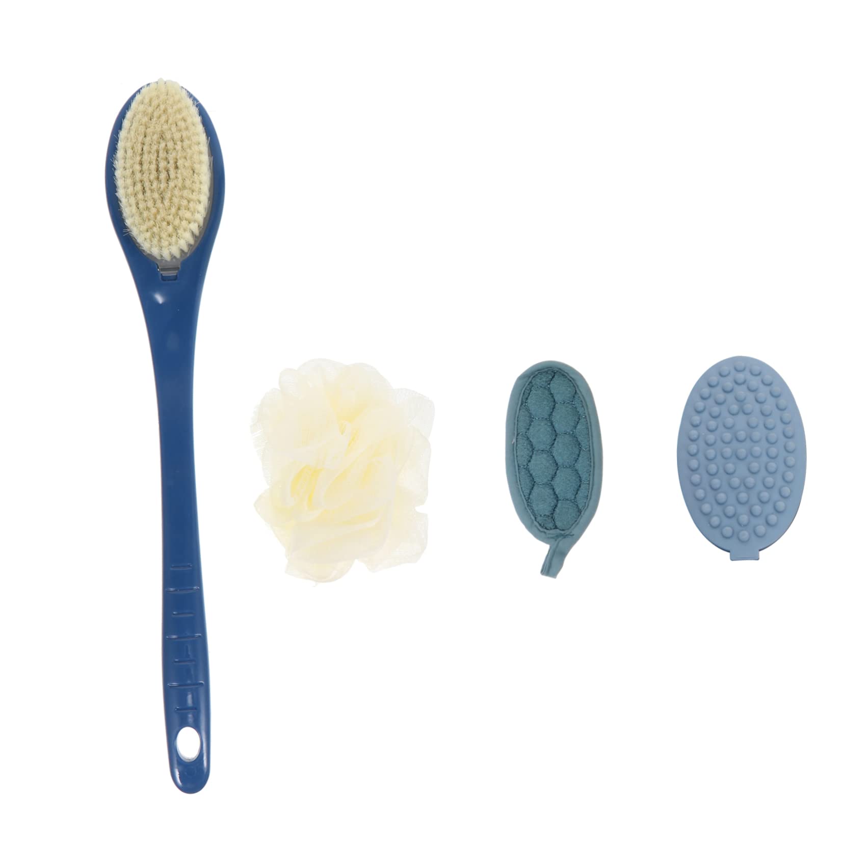 FRCOLOR 4-Piece Bath Brush Set with Wooden Handle, Body Scrub Gloves, Shower Puff & Hair Wrap - Exfoliating & Cleansing for Soft Skin - Perfect for Spa, Shower & Bath Time Relaxation