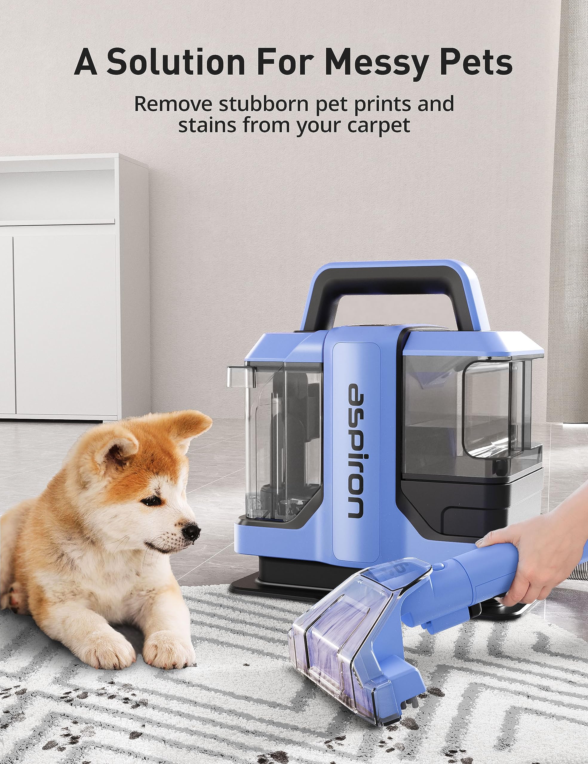 Aspiron CA031B-US-5 Portable Carpet Cleaner Machine 1.08L Water Tank, Lightweight & Powerful for Pet Hair, Stains - Blue | Perfect for Home, Office, Car Interior Cleaning