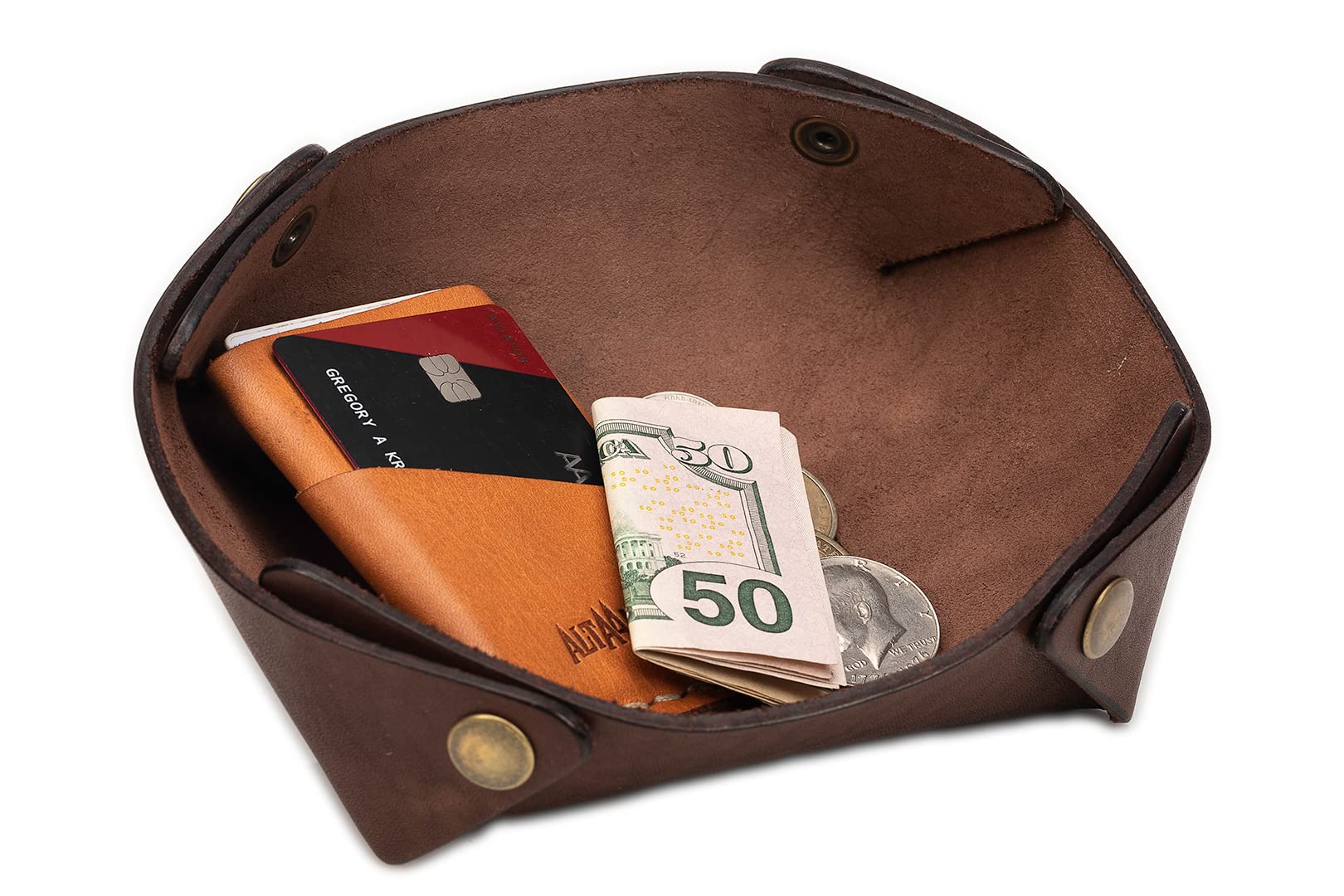 Premium Vegetable-Tanned Leather Travel Valet Tray - Collapsible Catchall Organizer for Keys, Wallet & Jewelry | Flattens for Storage | Perfect Nightstand & Dresser Tray for Men & Women (Brown Café) | Ideal for Home, Office & Travel Accessories Organization