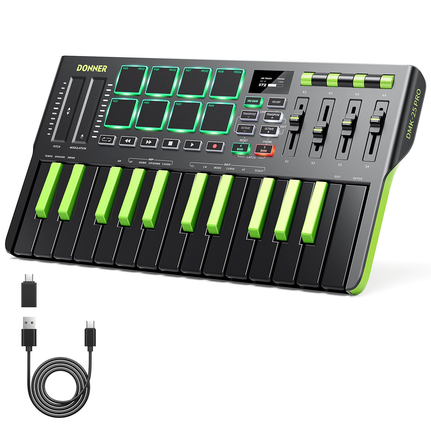 Donner DMK25 Pro 25-Key MIDI Keyboard Controller with USB-C, 8 Drum Pads & OLED Display - Portable Music Production Keyboard for Beginners with Touch Bar, Software & 40 Lessons - Perfect for Home Studio & Live Performances (Green)