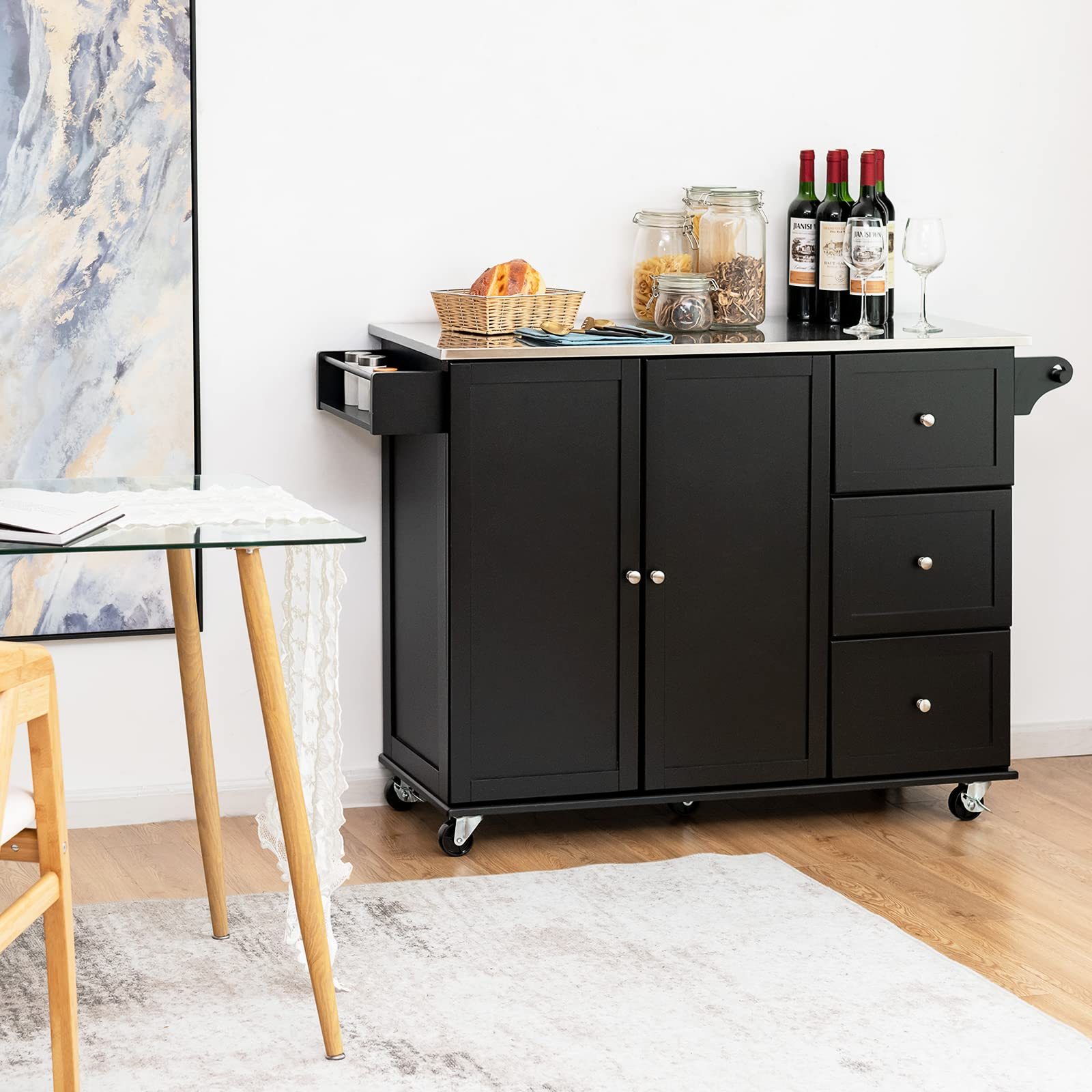 Giantex Kitchen Island with Stainless Steel Countertop - Mobile Kitchen Cart with 3 Drawers, Adjustable Shelves, 2-Door Cabinet & Spice Rack - Perfect for Small Kitchens, Food Prep & Extra Storage Space