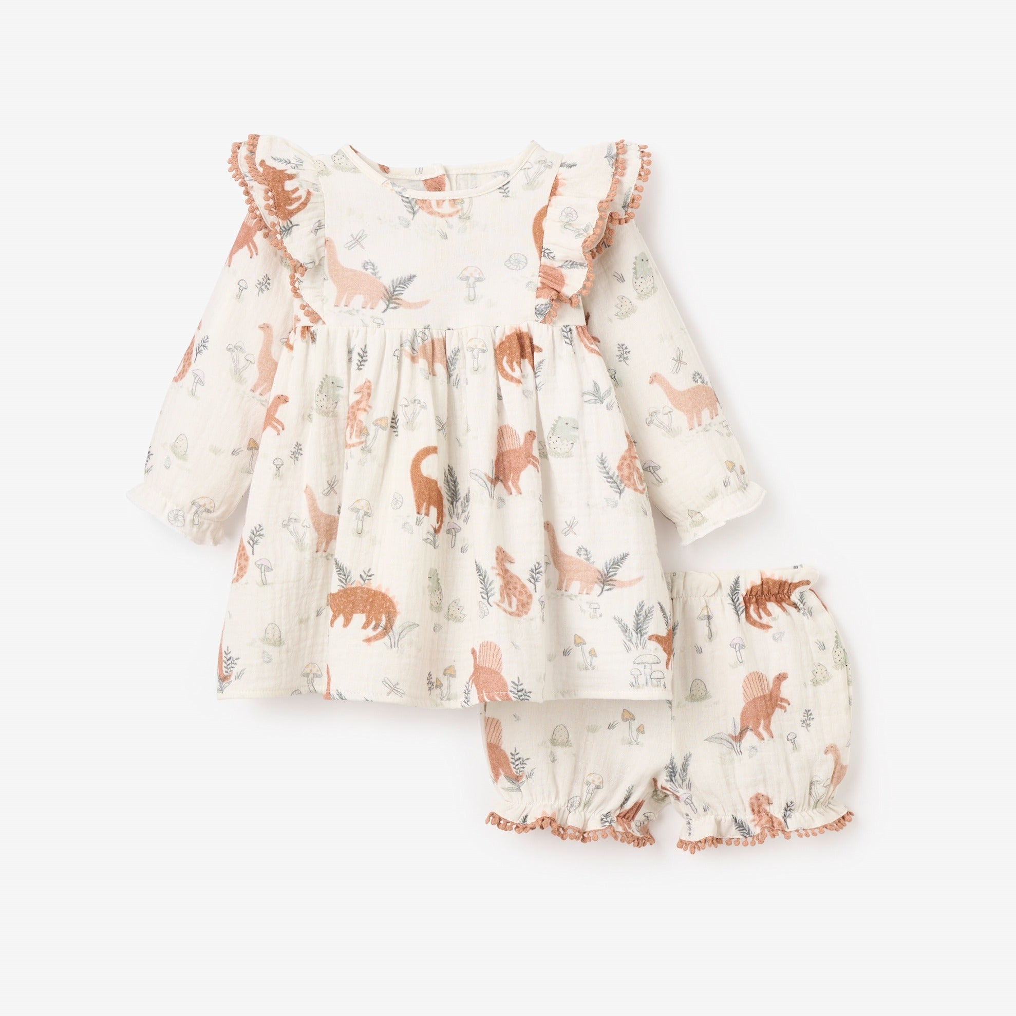 Organic Cotton Dinosaur Print Ruffle Dress for Baby Girls - Soft & Breathable Muslin Fabric - Perfect for Playdates, Parties & Photo Shoots