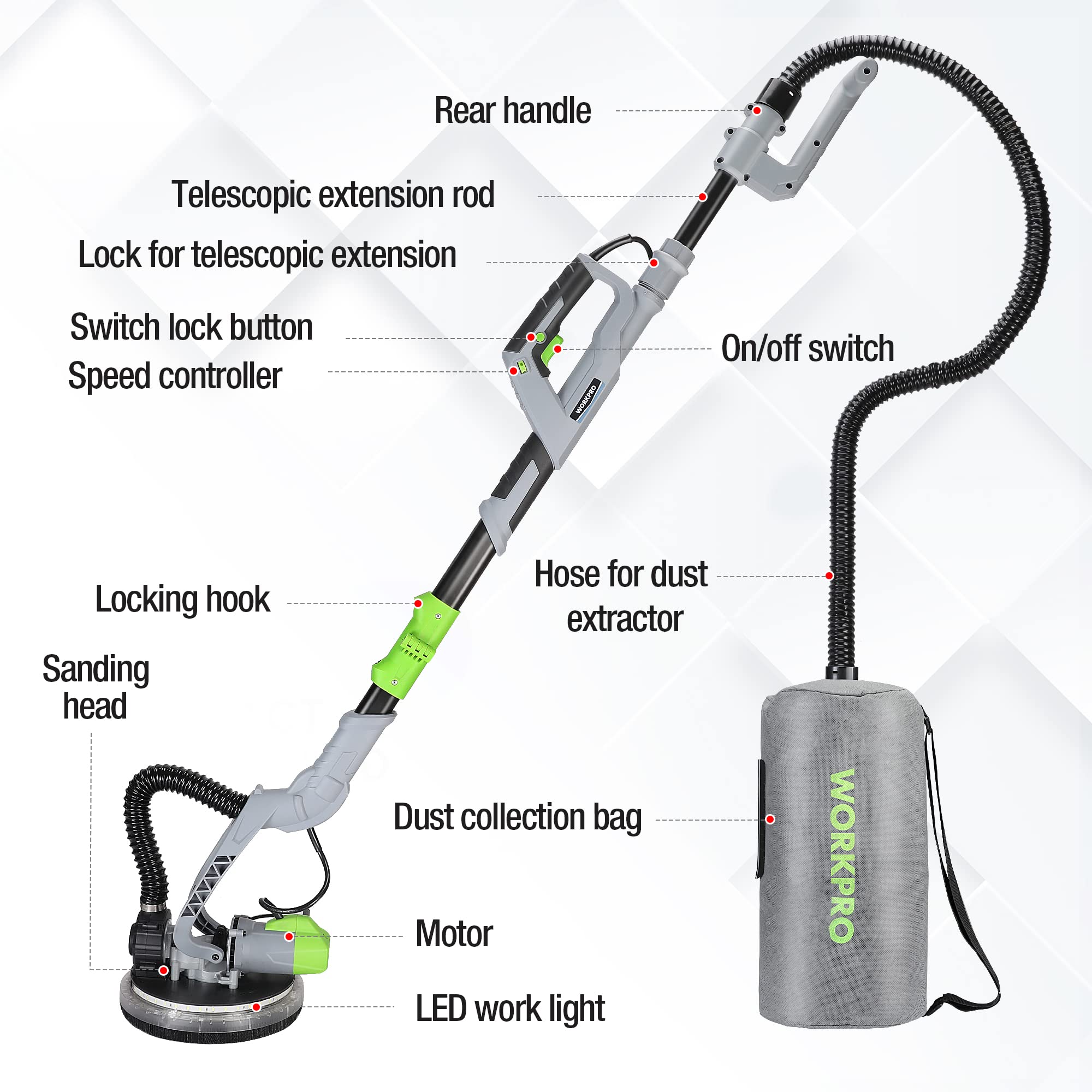 WORKPRO 720W Electric Drywall Sander with 12 Sanding Discs, 7-Speed Adjustable (1100-1850 RPM) - Wall Sander with Extendable Handle & LED Light for Drywall Repair, Ceiling Smoothing, and Floor Sanding - Perfect for Home Renovation and Professional Construction Projects