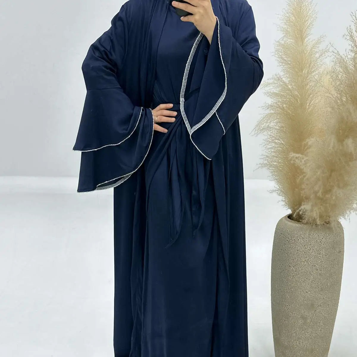 Elegant 3-Piece Satin Abaya Dress Set with Inner Dress & Midi Wrap - Perfect for Eid, Ramadan, and Special Occasions