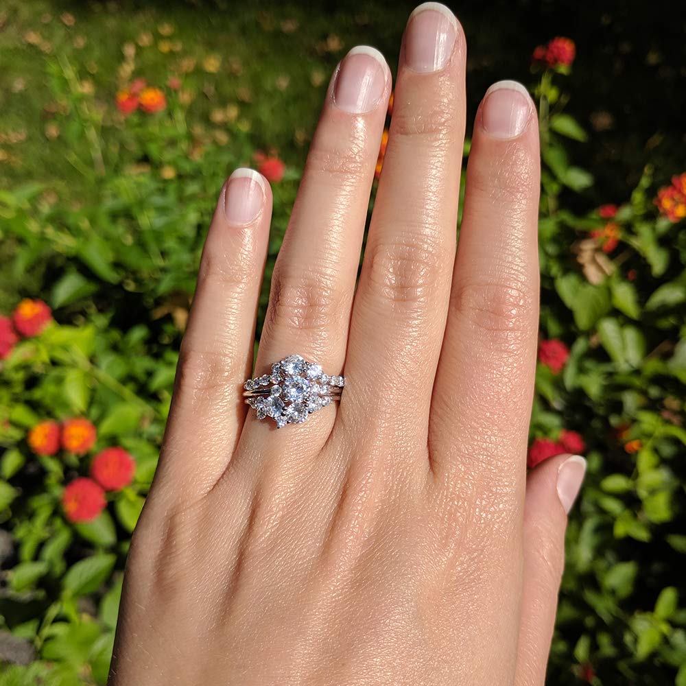 TwoBirch Floral Design Off-Center Ring Guard & Engagement Ring Bridal Set (2 Rings) - Diamond Simulant White Gold Wedding Band for Women - Perfect for Proposals, Anniversaries & Bridal Jewelry