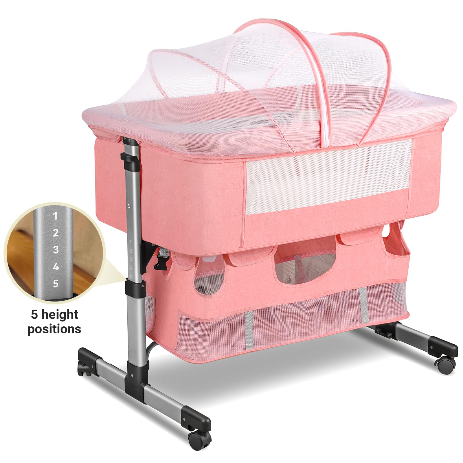 3-in-1 Adjustable Portable Baby Crib & Bassinet for Newborns - Convertible Bedside Sleeper with Wheels, Breathable Mesh (Pink) | Perfect for Nursery, Bedroom Co-Sleeping & Travel