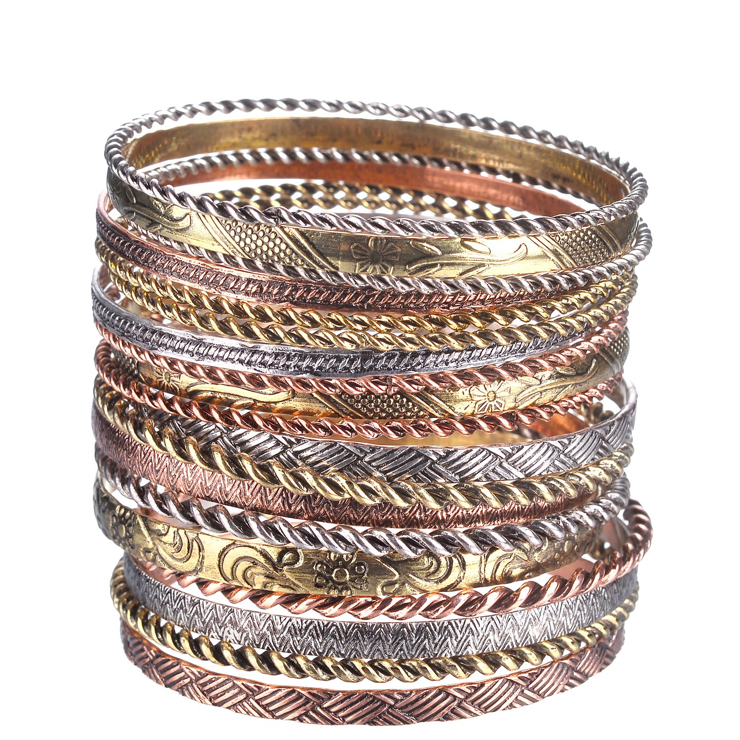 Luxury Flower Mixed Metal Aztec Multi Bangle Set - Boho Chic Bracelets for Women - Perfect for Festivals, Parties & Everyday Wear