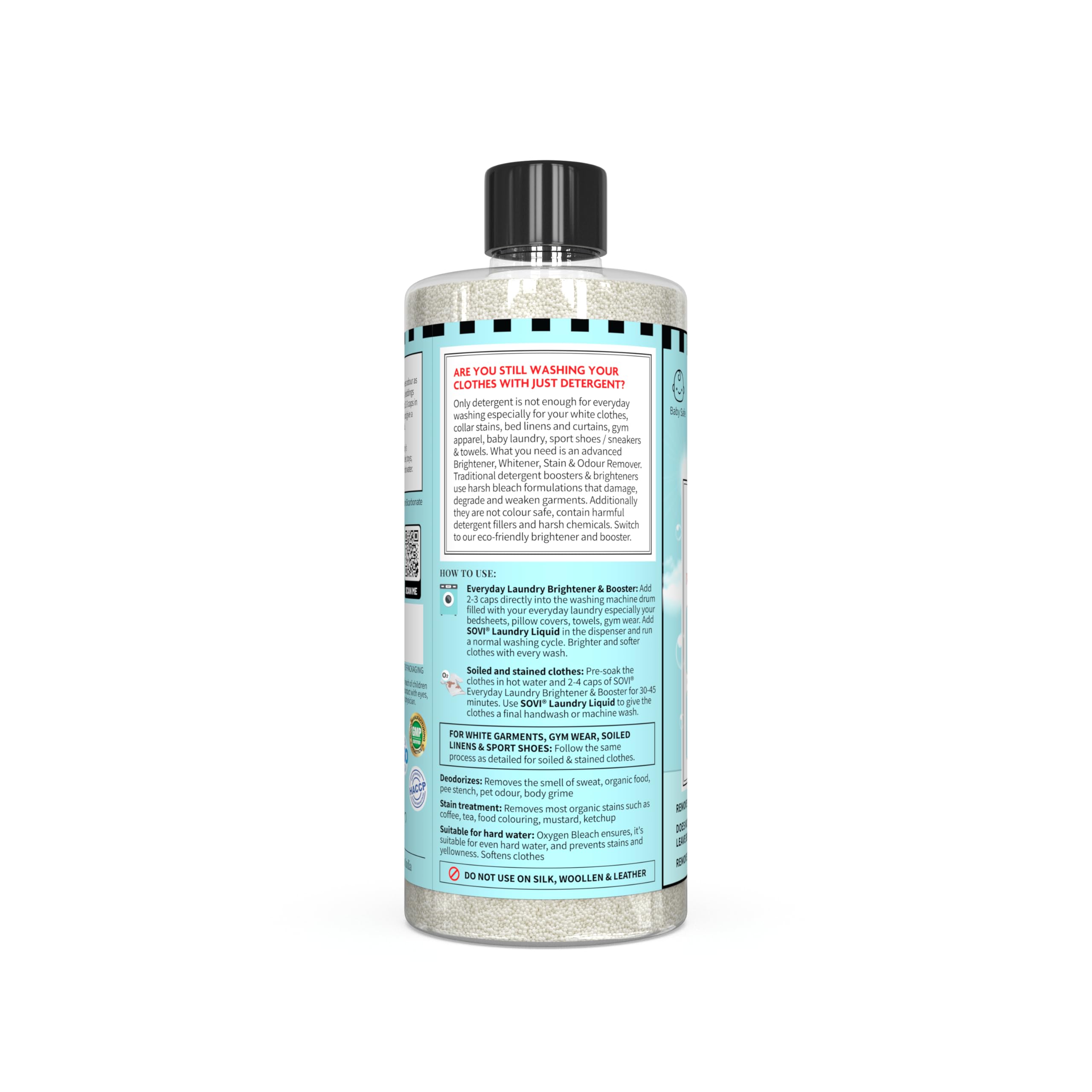 SOVI Fabric Whitener for White Clothes - Oxygen Bleach Stain Remover & Detergent Booster | Safe for Kids & Machine Wash | Odor Eliminator for Gym, Baby & Work Clothes | 500g Pack (1 Count)