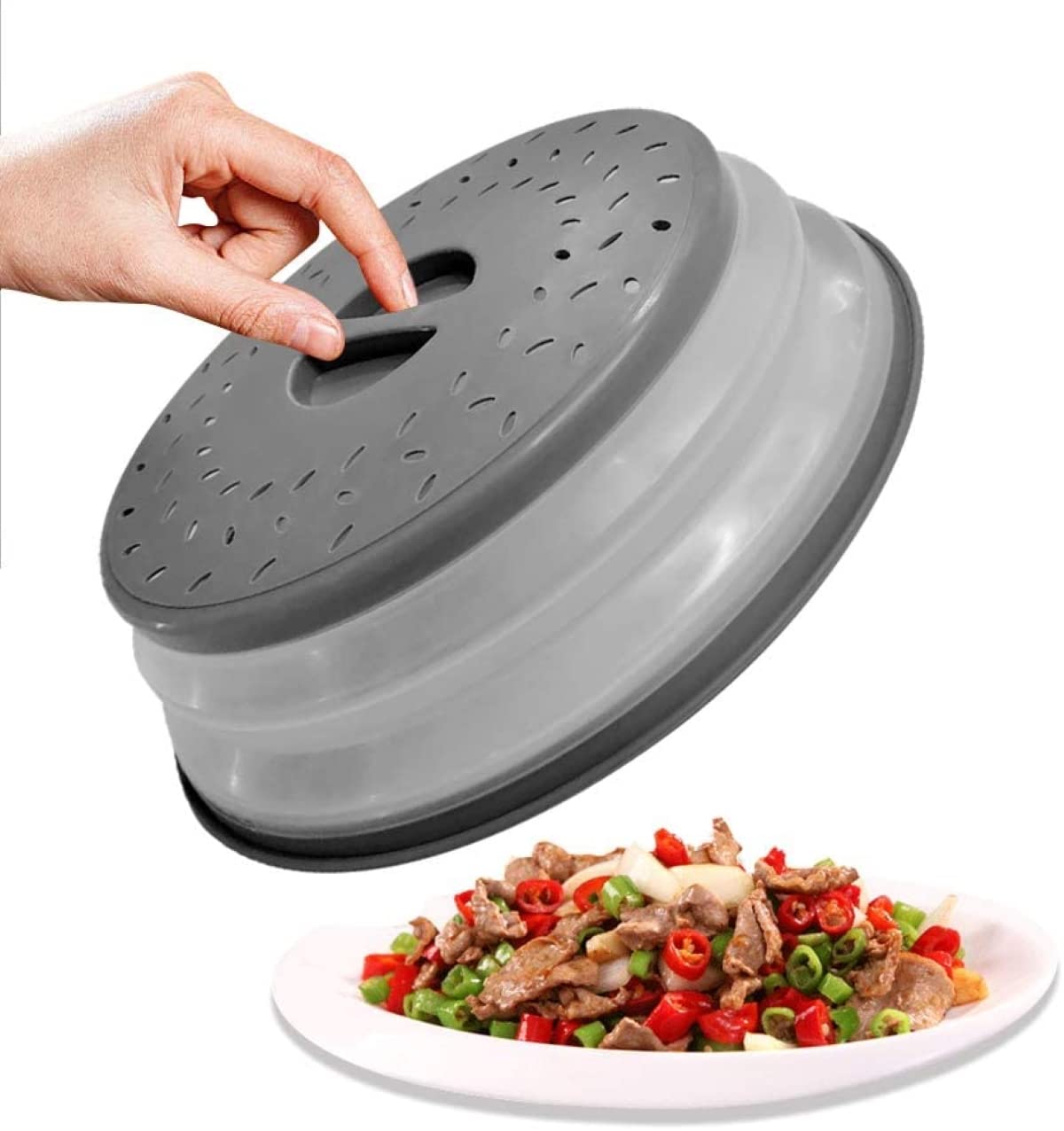 10.5 Inch Round Microwave Plate Cover with Steam Vents - Collapsible Splatter Proof Food Cover with Easy Grip Handle, Dishwasher Safe BPA-Free Silicone & Plastic by Polerce (Gray) - Perfect for Reheating Meals, Preventing Messes & Keeping Food Fresh
