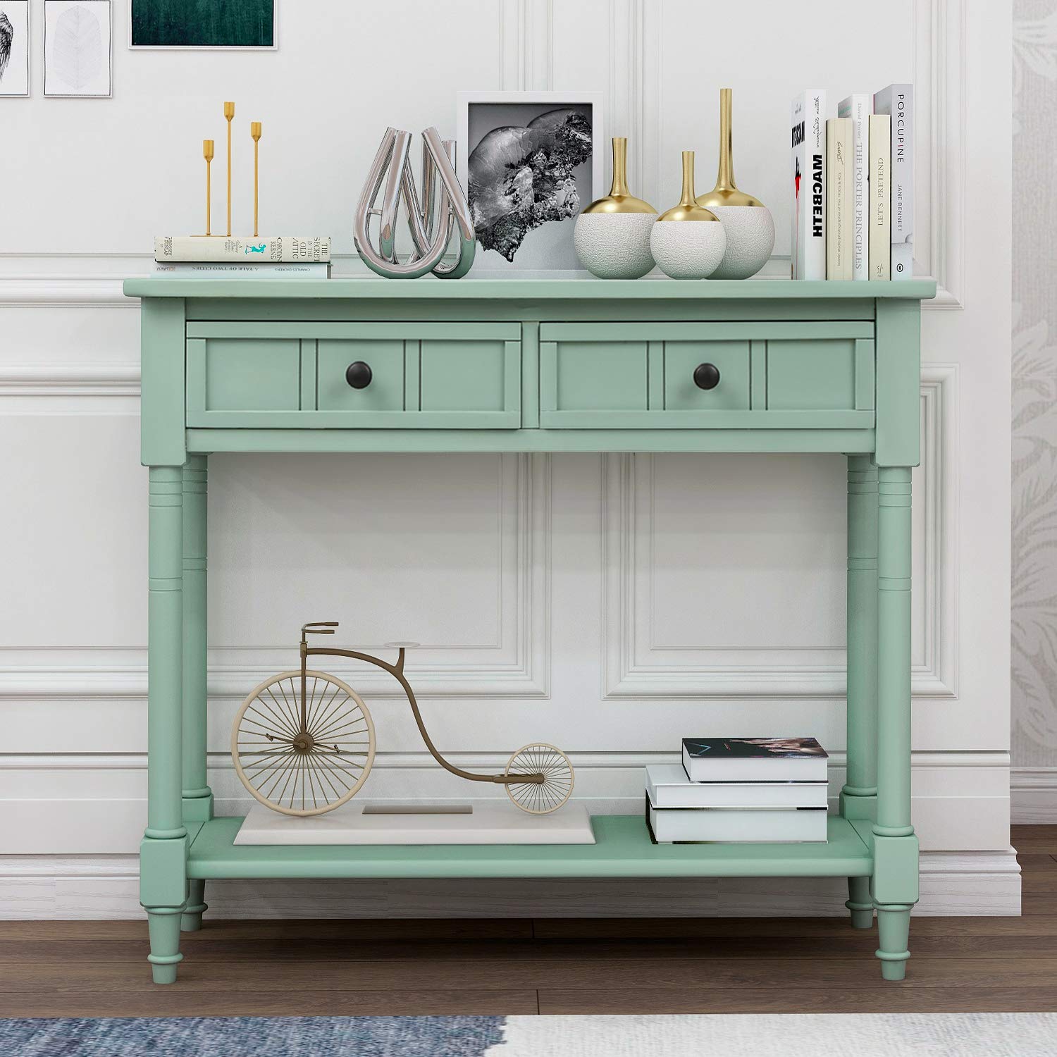 Farmhouse Console Table with 2 Drawers & Bottom Shelf - Acacia Wood Sofa Table for Living Room, Entryway & Hallway - Rustic Sideboard for Home Decor & Storage
