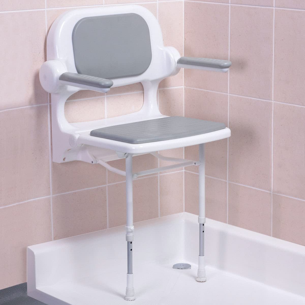AKW Foldable Wall Mounted Shower Seat for Elderly & Disabled - Adjustable Height, Padded Seat with Armrests, Non-Slip Surface - Grey - Perfect for Bathroom Safety & Accessibility (Home Care, Assisted Living, Elderly Bathing)