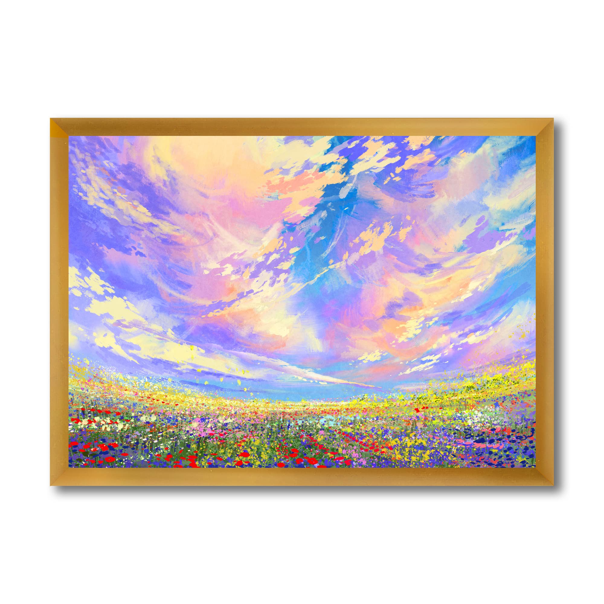 DesignQ Colorful Flowers in Field Under Gorgeous Clouds Traditional Framed Wall Art - Beautiful Home Decor for Living Room, Bedroom & Office