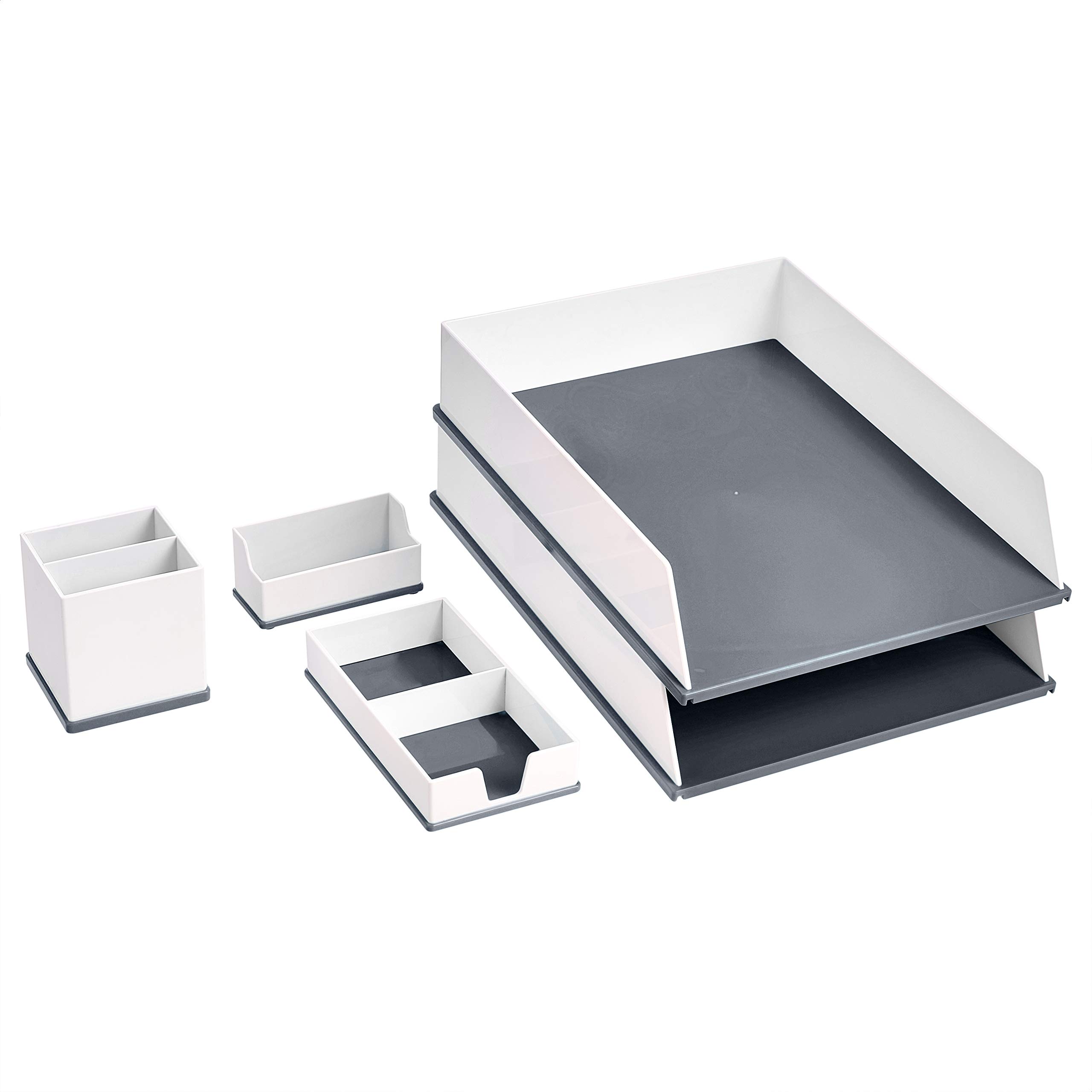 Amazon Basics Desk Organization Set - Grey and White | Office Desk Organizer with Drawers & Storage Trays | Perfect for Home, Office & Workspace Organization