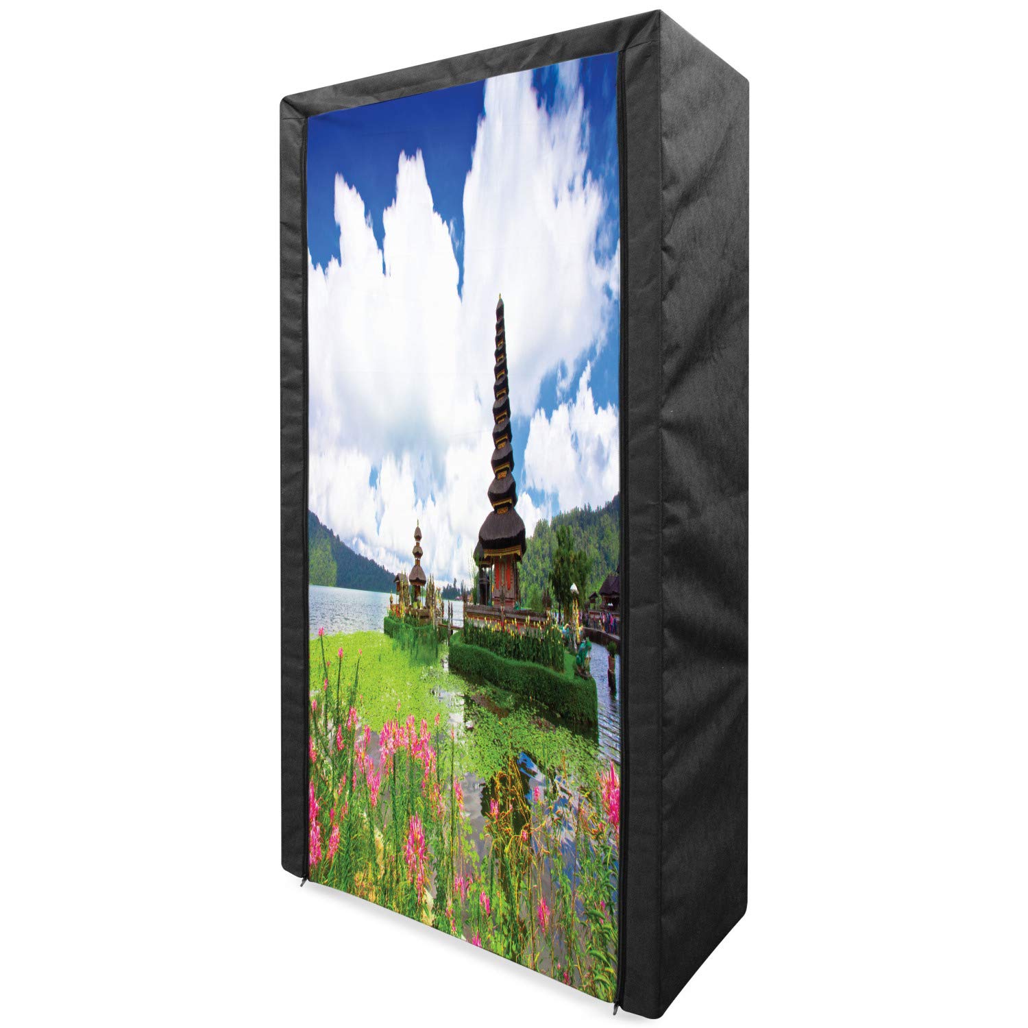 Ambesonne Portable Fabric Wardrobe - Balinese Inspired Tropical Floral Design with Shelves, 33.5 Inch Clothing Organizer & Storage Closet in Green Pink Blue | Perfect for Bedroom, Closet, Dorm, RV or Travel Use