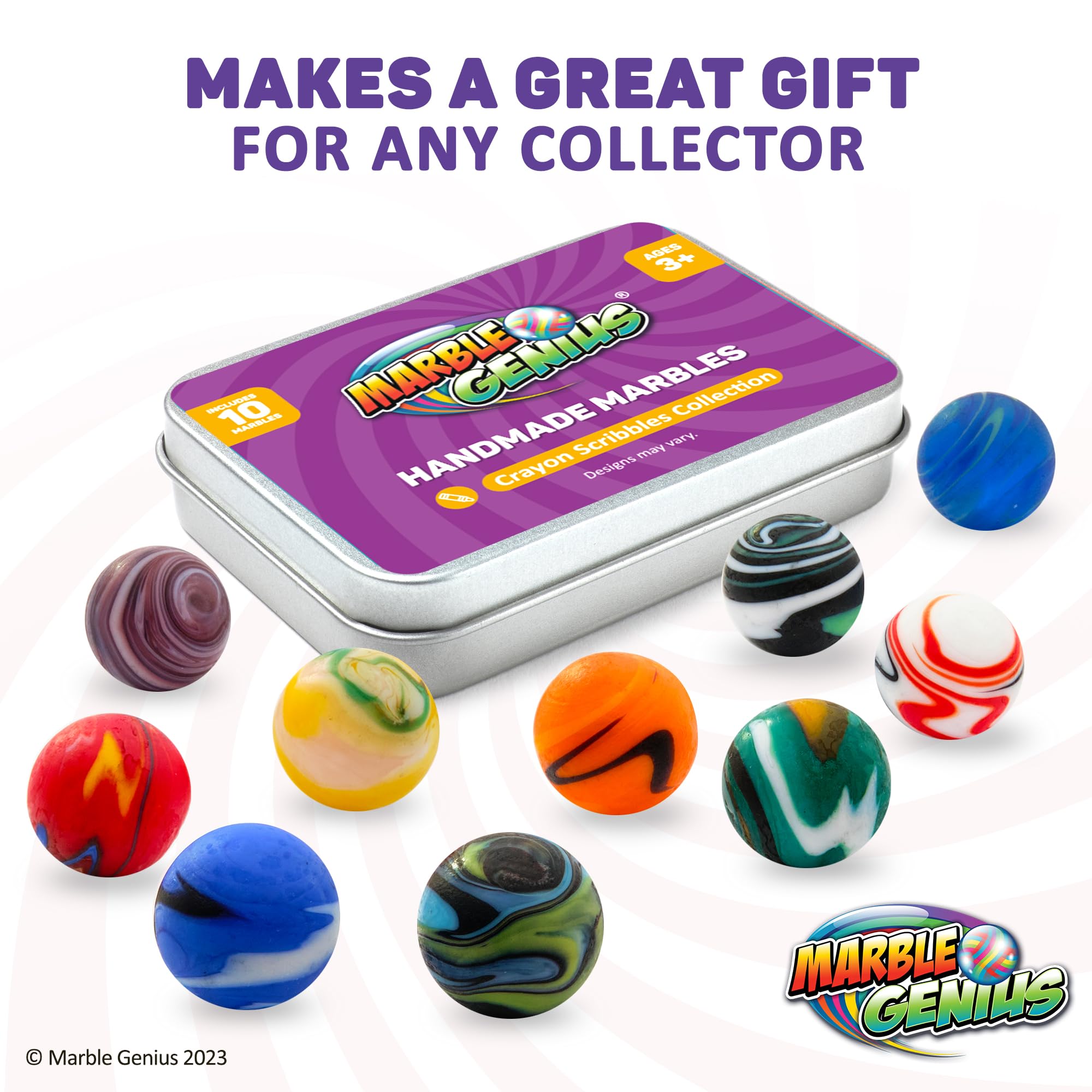 Marble Genius Collectors Marbles - 10 Handmade Glass Marbles with Unique Scribble Design, 16mm (5/8 Inch) - Perfect Gift for Marble Enthusiasts & Kids Ages 3+ - Great for Collecting, Games & Home Decor