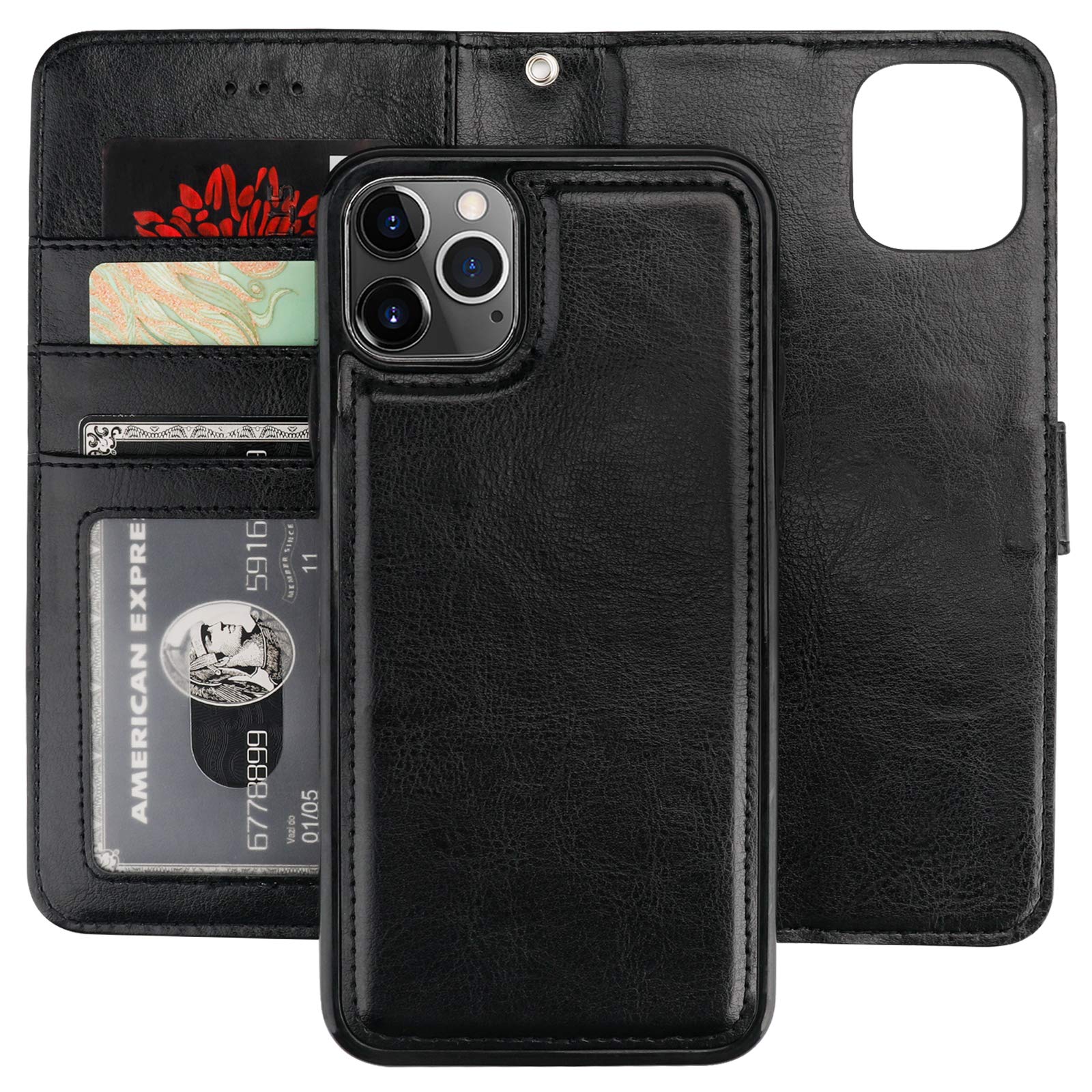 Premium PU Leather Magnetic Detachable Wallet Case for iPhone 11 Pro Max (6.5 inch) - Shockproof Flip Cover with Card Holder, Kickstand & Wrist Strap | Perfect for Daily Use, Travel & Hands-Free Viewing (Black)