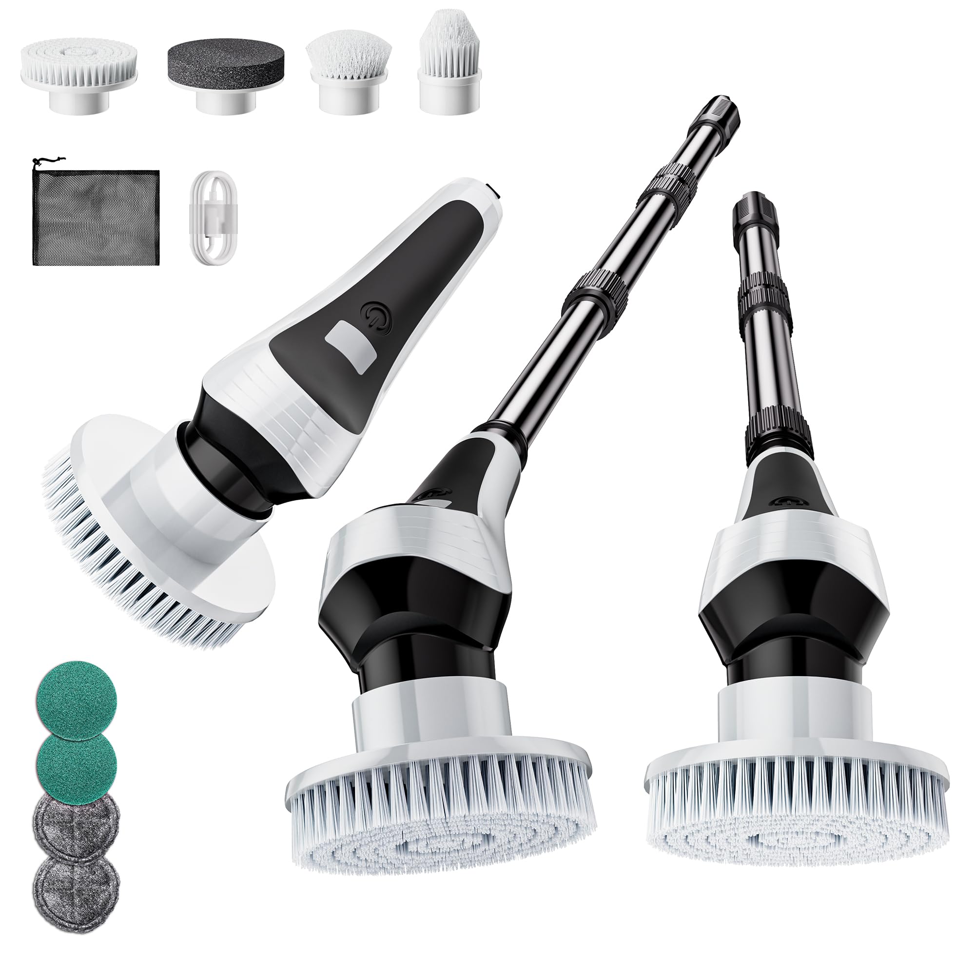 Electric Spin Scrubber - Cordless Cleaning Brush with Power Display, IP68 Waterproof Shower Scrubber, 8 Replaceable Brush Heads, Adjustable Handle & 2 Speed Settings for Bathroom, Kitchen & Tile Cleaning