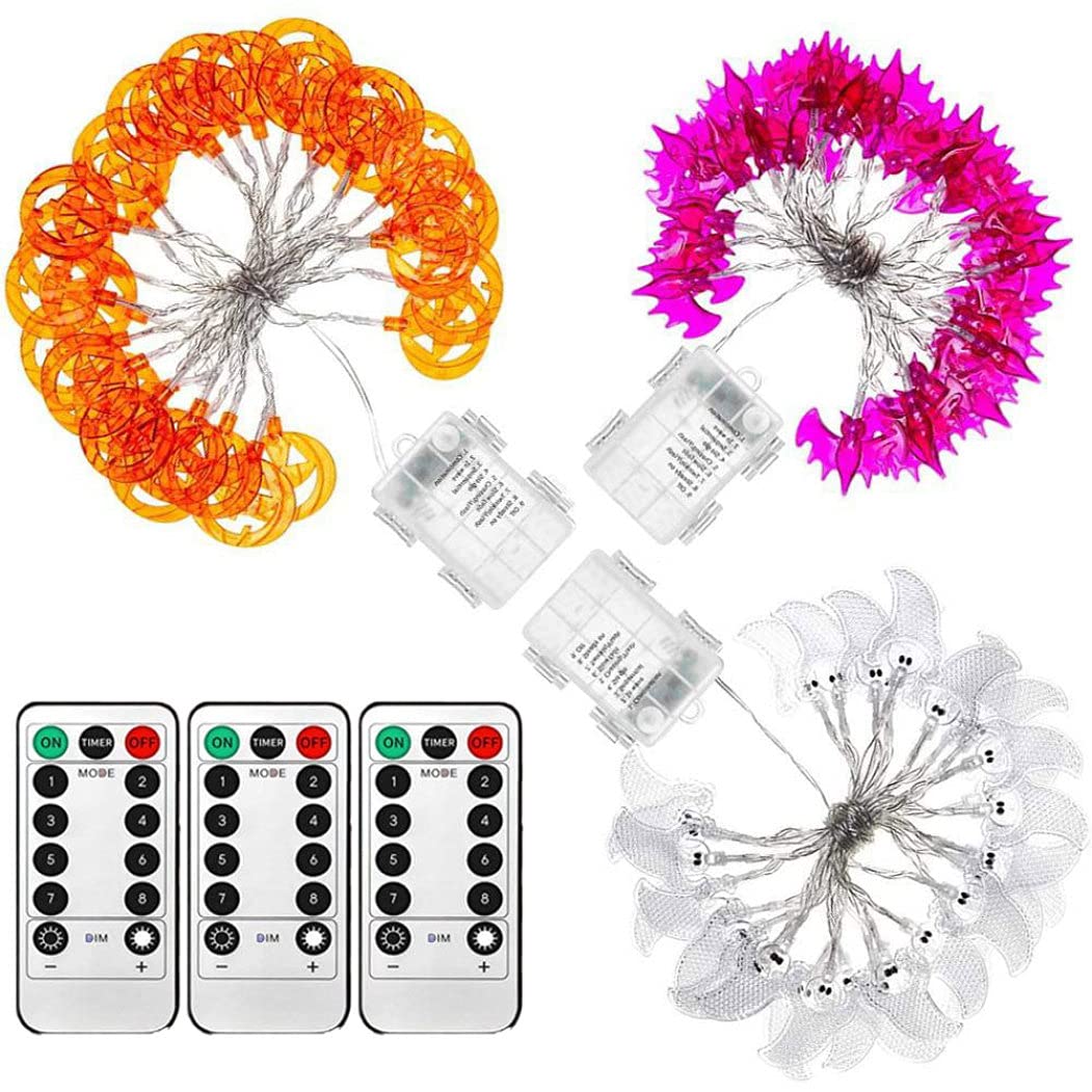 Ecojoy Halloween LED String Lights - 300cm 20 LED Remote Control Pumpkin Ghost Bat Fairy Lights (Battery Not Included) - 3 Pack for Indoor/Outdoor Halloween Party Decorations