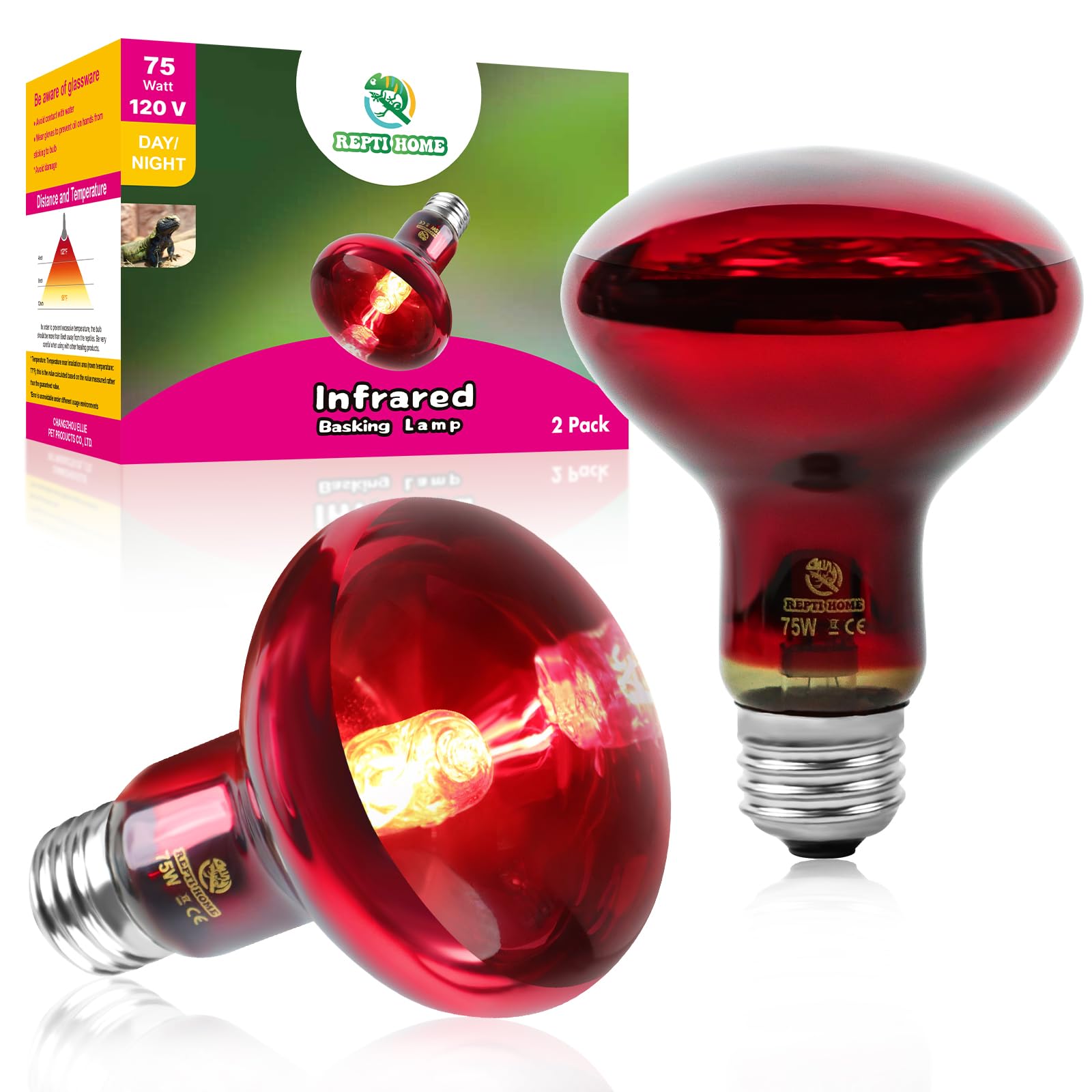 75W Infrared Reptile Heat Lamp Bulbs - 2 Pack Red Basking Spot Light for Reptiles, Amphibians & Chicken Coops - Ideal for Terrariums, Vivariums & Pet Enclosures