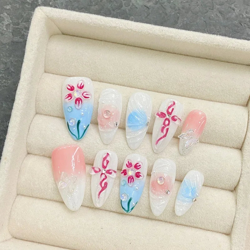 10Pcs Y2K Sweet Cool Almond Handmade Gel Press on Nails - 3D Blue False Nails with Metallic Bow Design & Glue | Acrylic Nail Tips for Parties, Weddings, Prom & Special Occasions