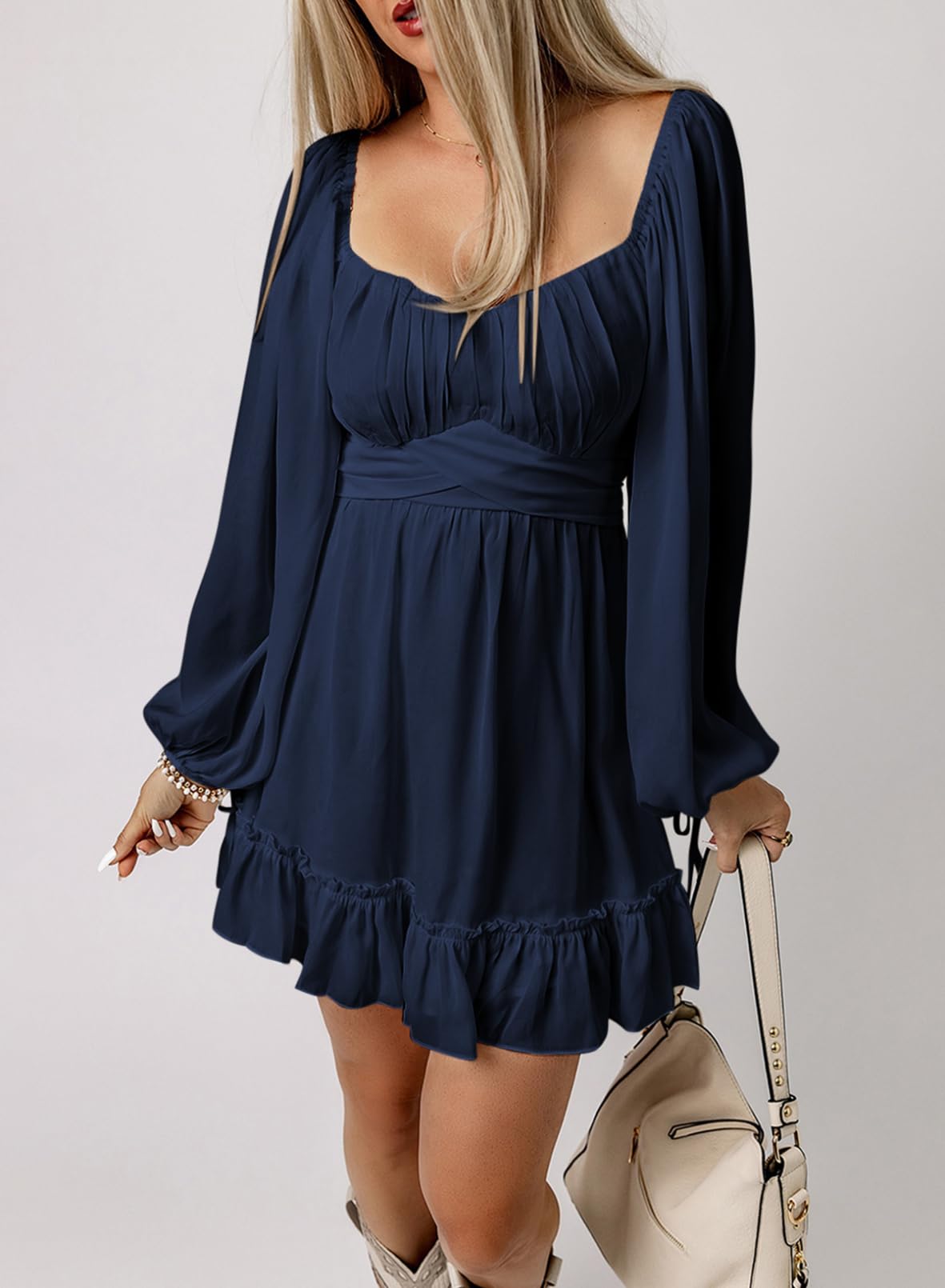 Elegant Square Neck Long Lantern Sleeve Ruffle A-Line Mini Dress for Women | Spring Wedding Guest Dress 2025 | Perfect for Cocktail Parties, Bridal Showers & Formal Events