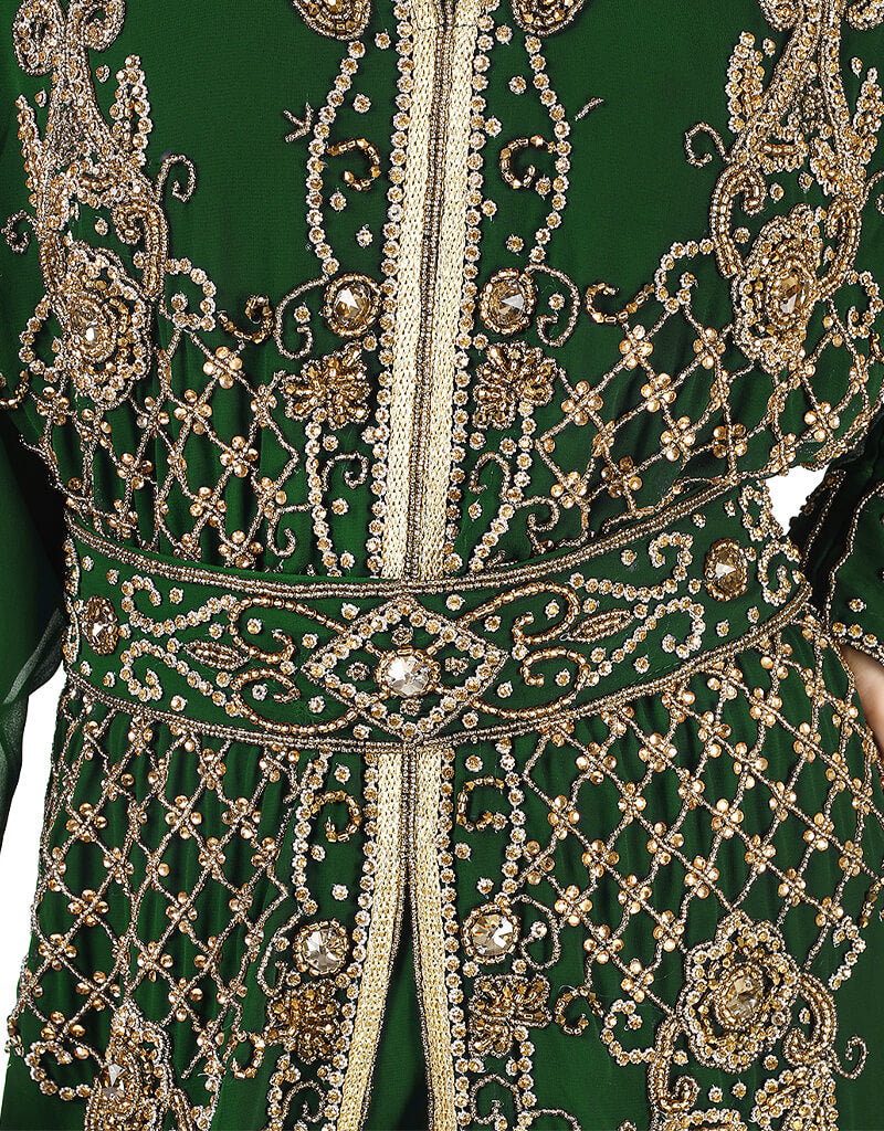 Elegant Arabic Green Georgette Kaftan with Handcrafted Zari Embroidery - Perfect for Weddings, Parties & Special Occasions
