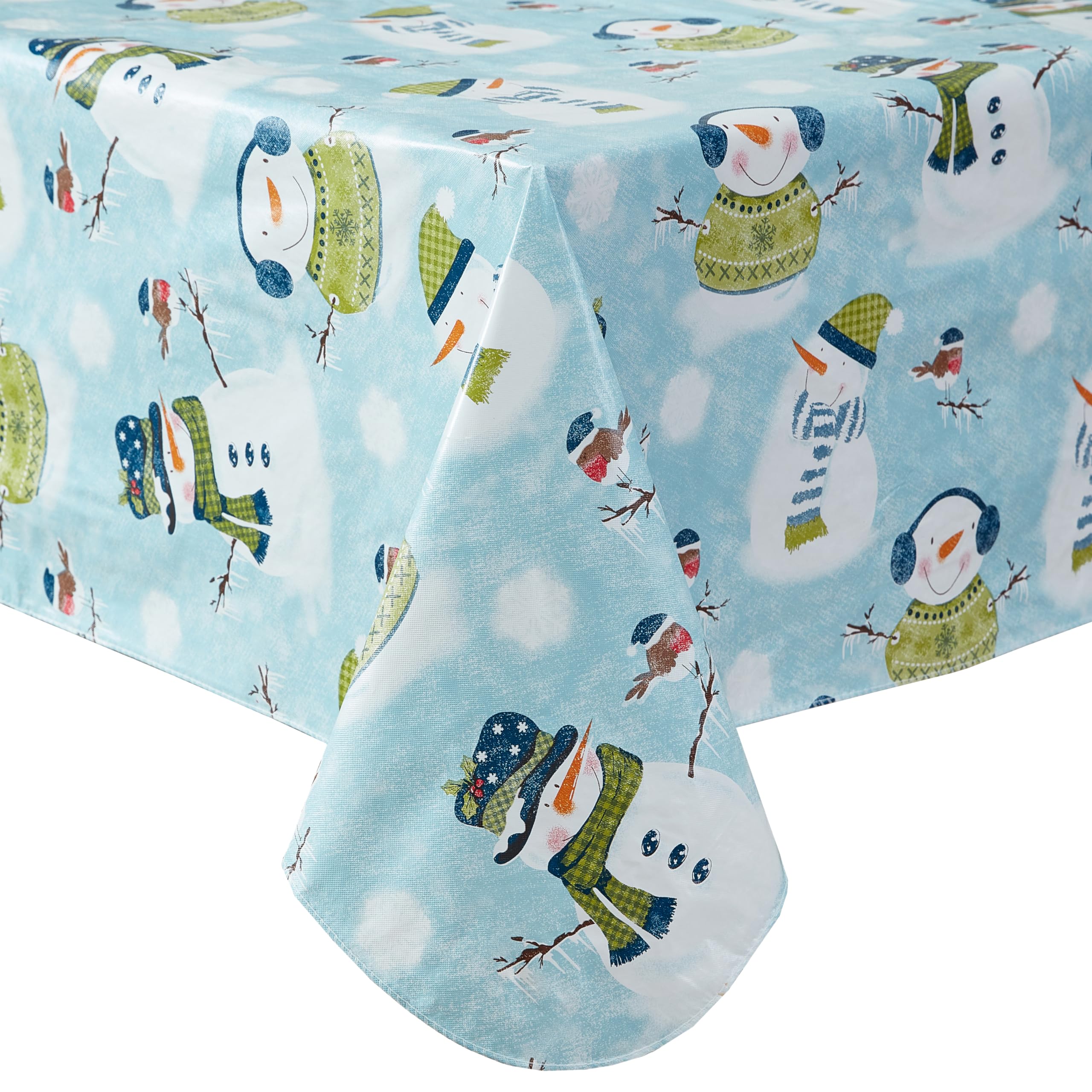 Newbridge Blue Snowman Print Flannel Back Vinyl Christmas Tablecloth – Cute Snowmen in Sweaters & Scarves Holiday Decor, 52x52 Inch Square Wipe-Clean Table Cover for Winter Parties & Family Gatherings