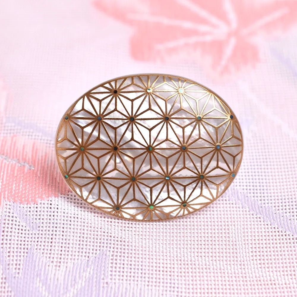 Handcrafted Japanese Maki-e Urushi Lacquer Brooch with White South Sea Pearl Shell - Geometric Hemp Leaf Design - Traditional Artisan Jewelry for Women - Perfect for Weddings, Tea Ceremonies & Special Occasions