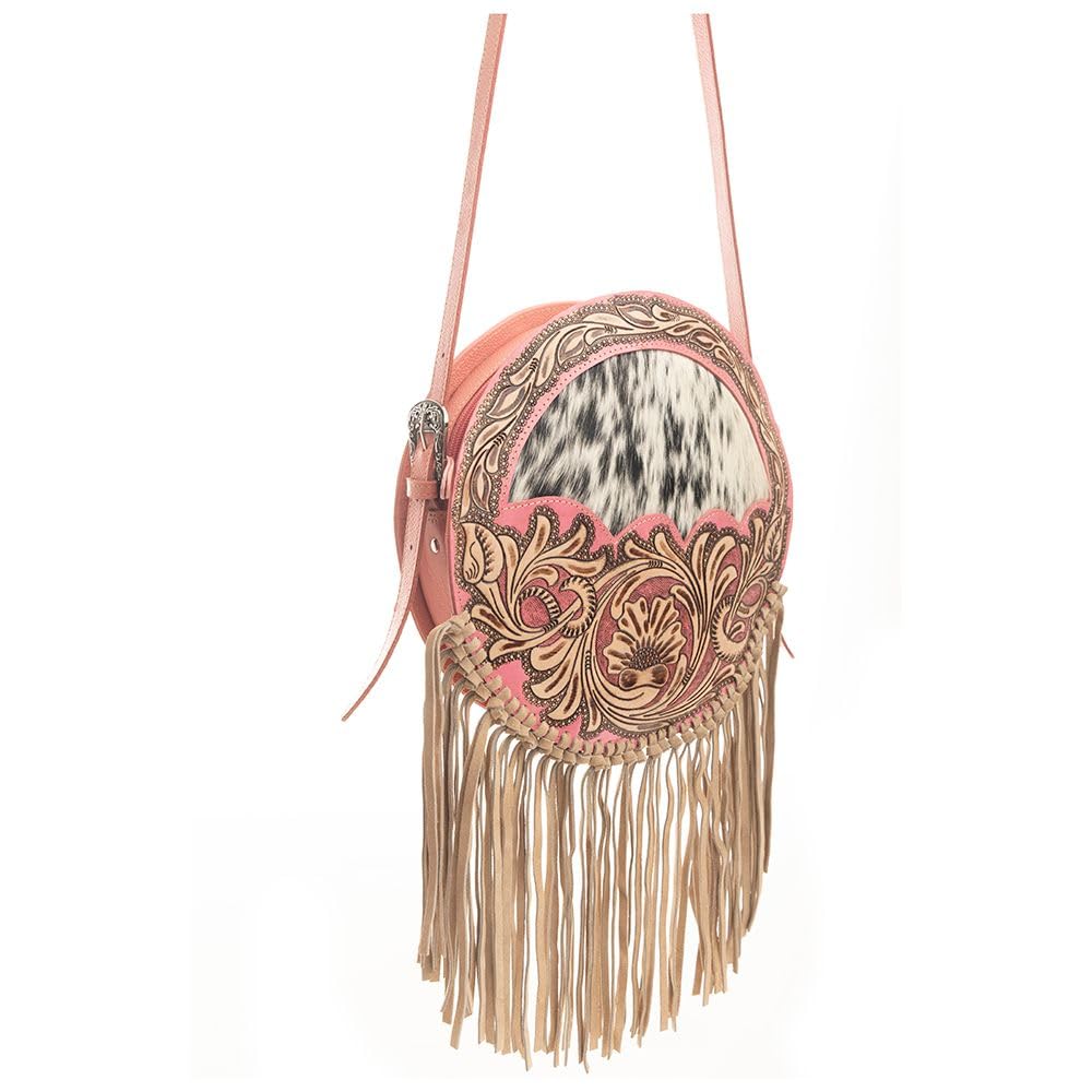 Myra Round Leather Shoulder Bag for Women - Upcycled Western Style Handbag in Sunrise Pink | Perfect for Casual Outings, Music Festivals & Boho Fashion