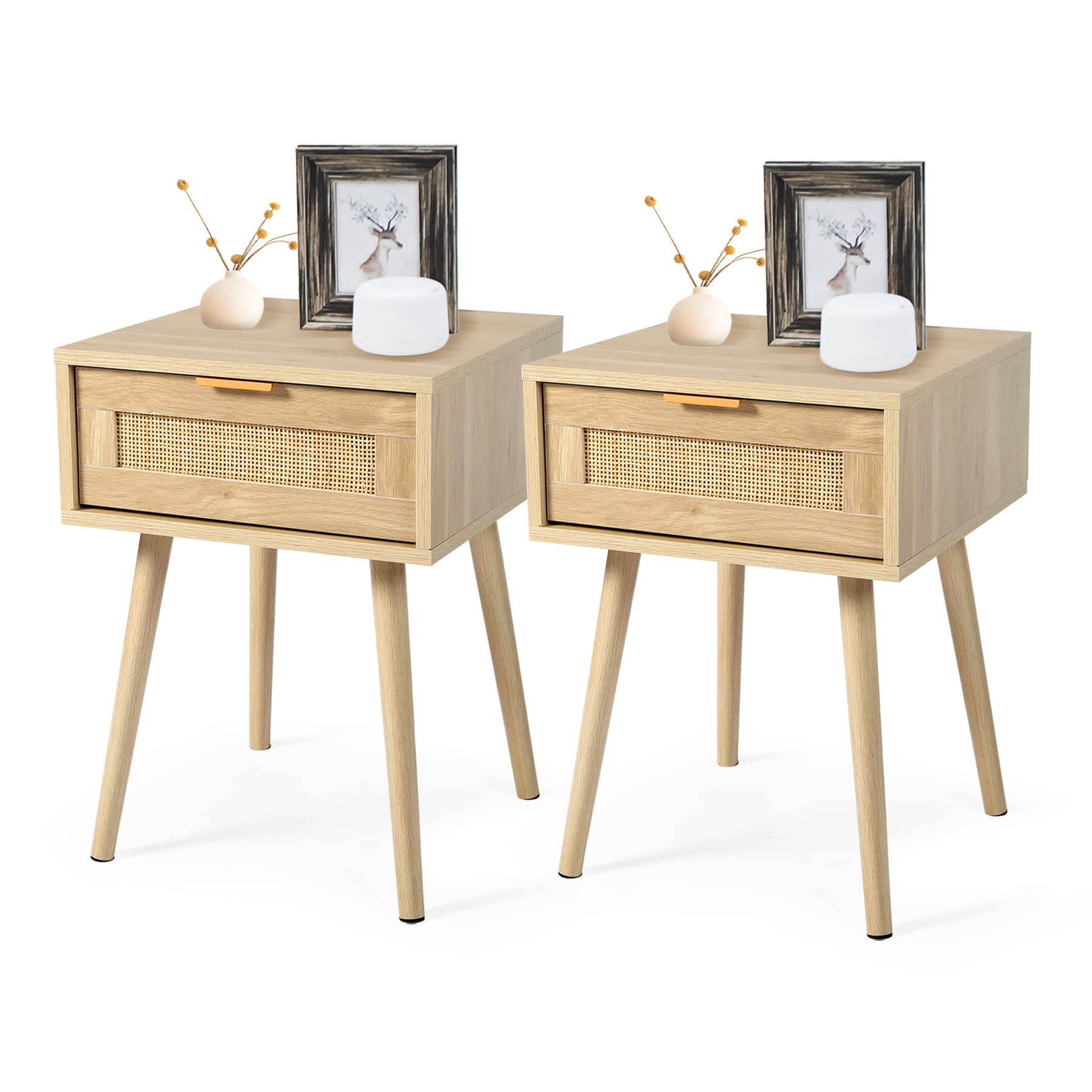 Mid Century Modern Nightstands Set of 2 with Drawers - Rattan & Wood Bedside Tables with Storage - Perfect for Bedroom, Living Room or Guest Room Accent Furniture