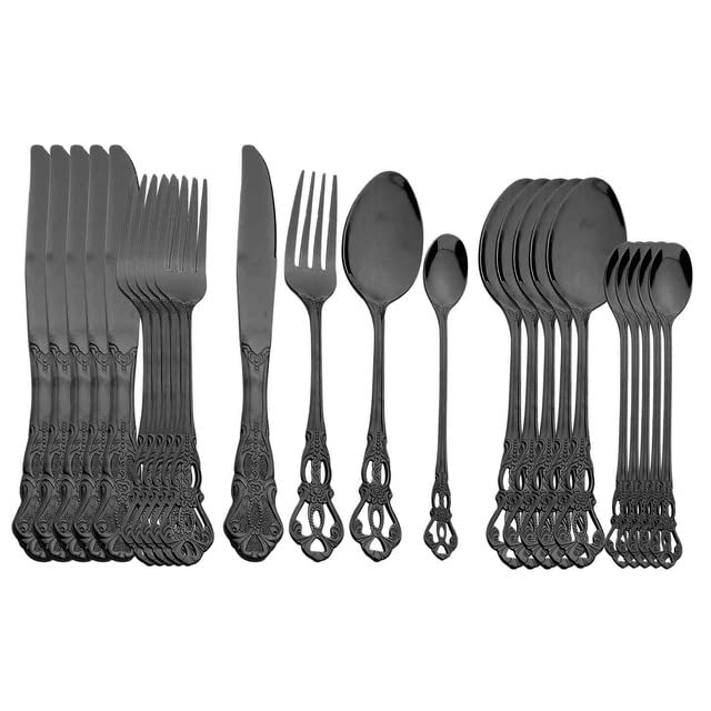 Premium 24-Piece Stainless Steel Flatware Set - Vintage Gold Silverware with Hollow Engraving, Elegant Western Dinnerware for Formal Dining, Wedding & Holiday Entertaining (Black Cutlery Set, Knife Fork Spoon)