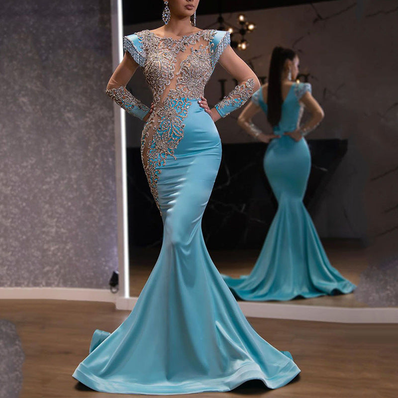 2025 New Light Blue Fishtail Skirt - Elegant Long Evening Dress for Women, Sand Gold Series, Perfect for Banquets, Parties & Formal Events | Slim Fit, Stylish & Sophisticated