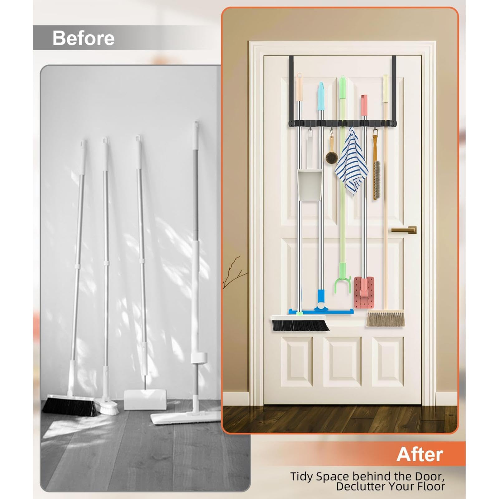 No-Drill Mop Hanger & Tool Holder - Wall Mounted Brush Organizer for Kitchen, Bathroom, Home & Office | Space Saving Storage Solution for Cleaning Supplies