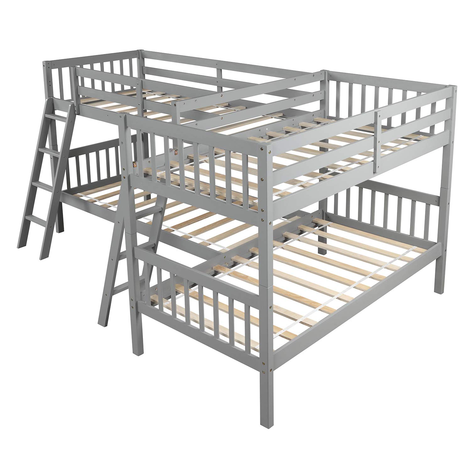 Danxee L-Shaped Twin Bunk Bed with Ladder - Space Saving Twin Over Twin Bunk Bed Frame, No Box Spring Needed (Gray) - Perfect for Kids' Bedroom, Dorm Room & Small Spaces