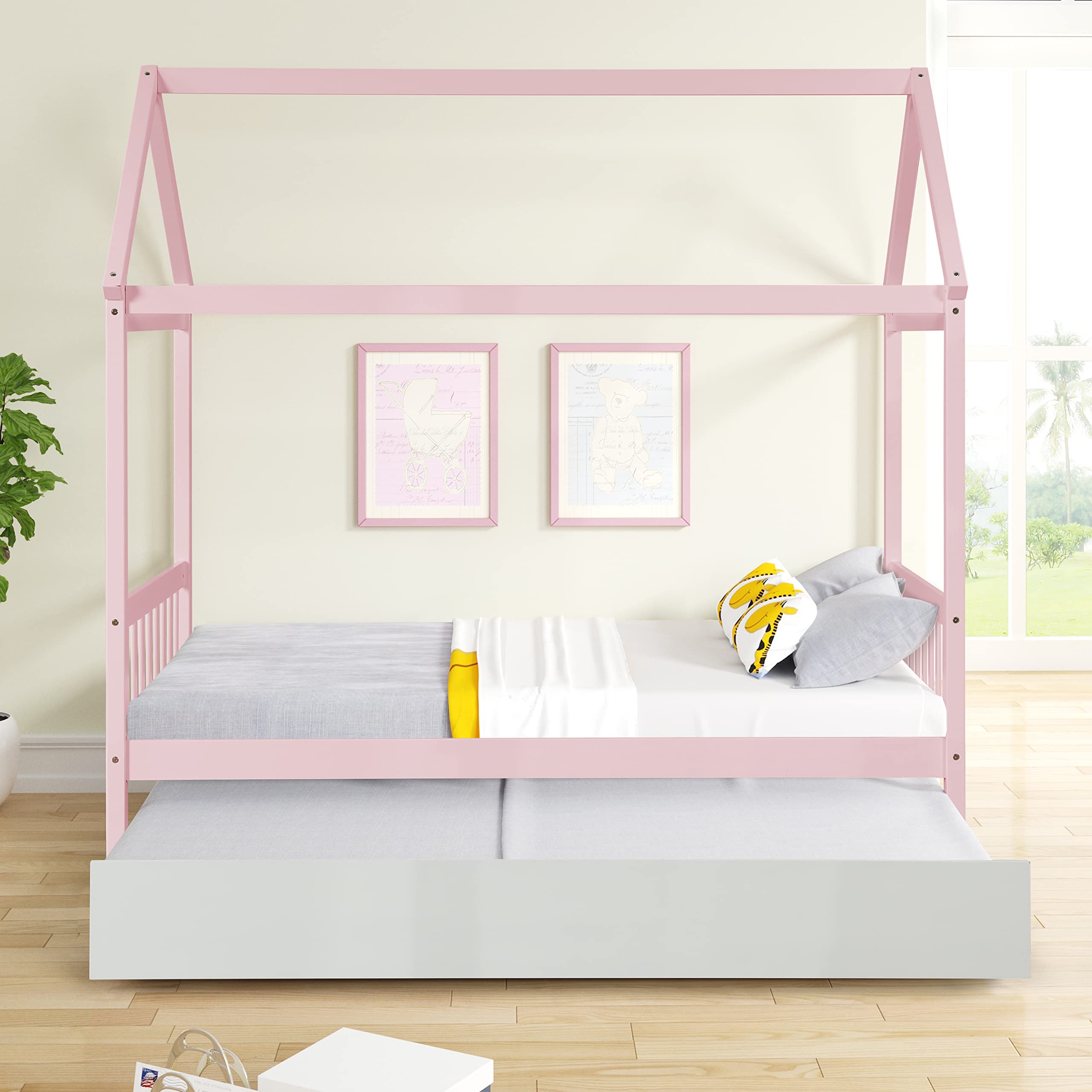 Twin Size House Bed with Trundle - Wooden Platform Bed Frame for Kids, Girls & Boys - Pink Children's Bedroom Furniture for Playtime & Sleepovers