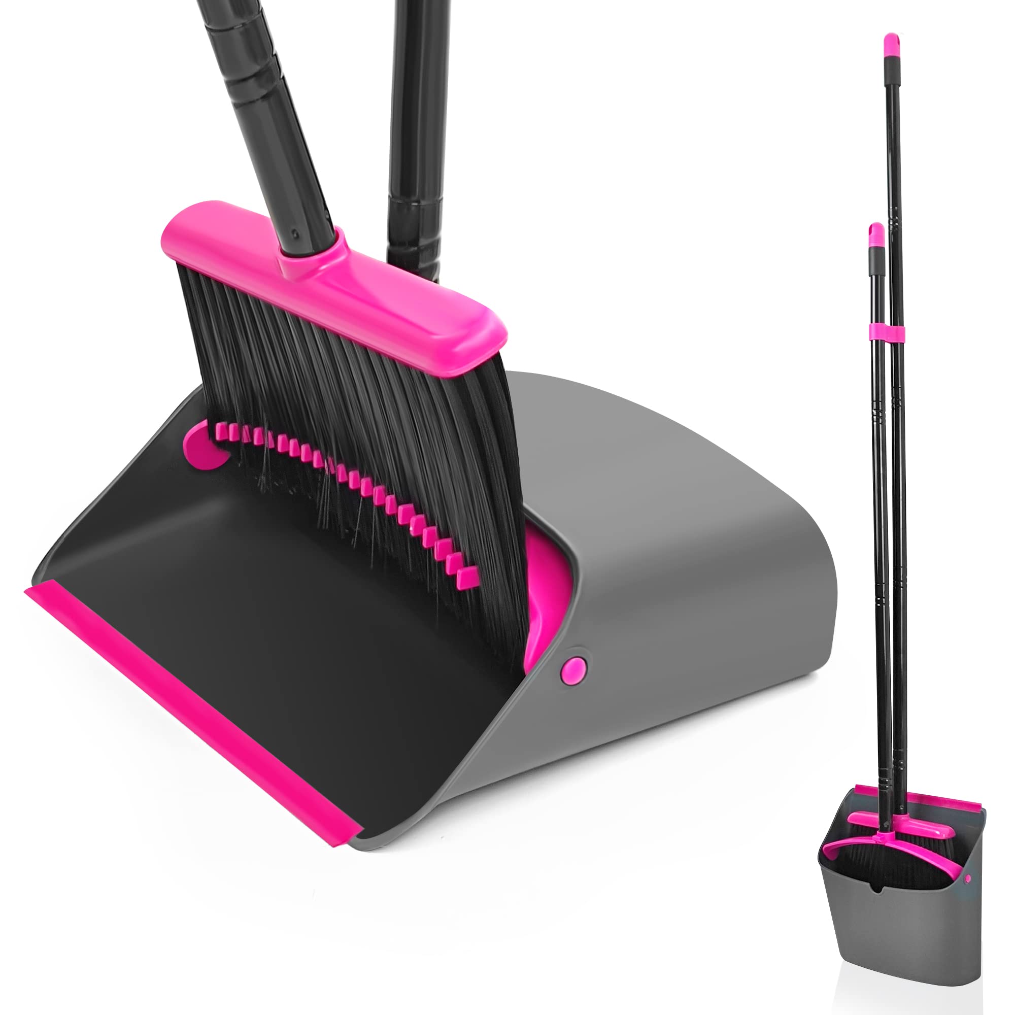 JEHONN Broom and Dustpan Set - Lightweight Long Handle Indoor Sweeping Kit with Upright Standing Dustpan & Comb Teeth - Perfect for Home, Kitchen, Office & Lobby Cleaning (Rose Red) | Space-Saving Storage & Easy Sweeping Solution
