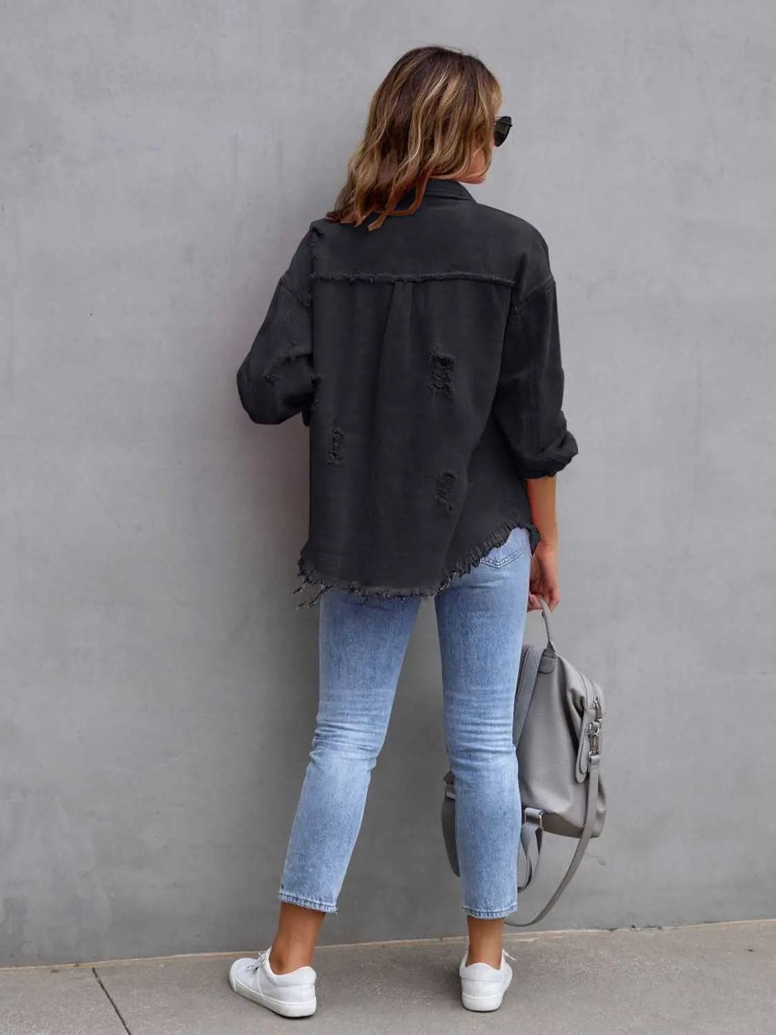 Vintage Distressed Drop Shoulder Denim Jacket for Men & Women - 90s Grunge Style Denim Coat with Button Front - Perfect for Casual Outfits, Streetwear & Fall Layering