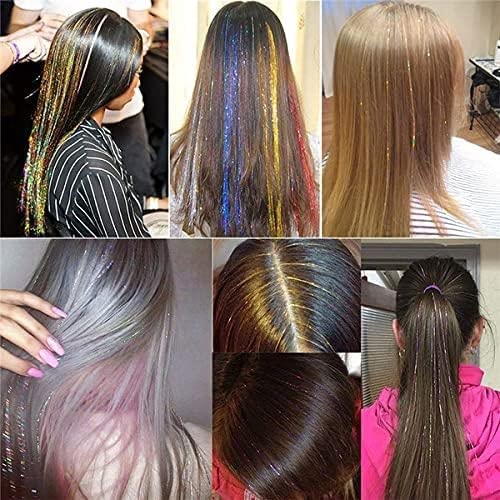 AKADO Glitter Hair Tinsel Extensions - 6 Pack Multicolor Holographic Sparkle Hair Strands for Women & Girls | Shiny Straight Hair Accessories for Parties, Festivals & Cosplay