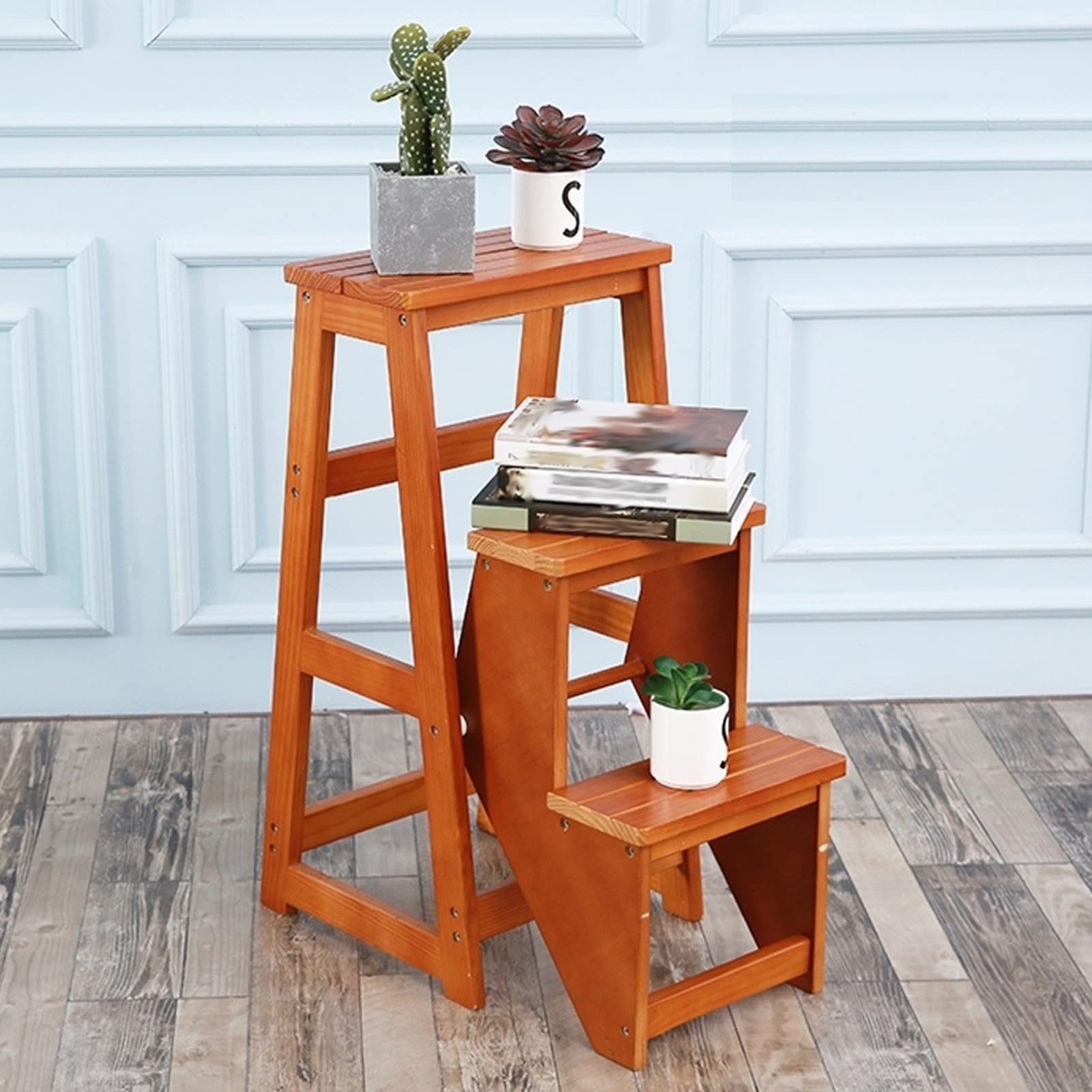 3-Step Foldable Wooden Ladder Stool - Portable Step Stool for Home, Kitchen, Library - Space-Saving Folding Stool with Non-Slip Steps - Perfect for Reaching High Shelves, Organizing, and Home Decor