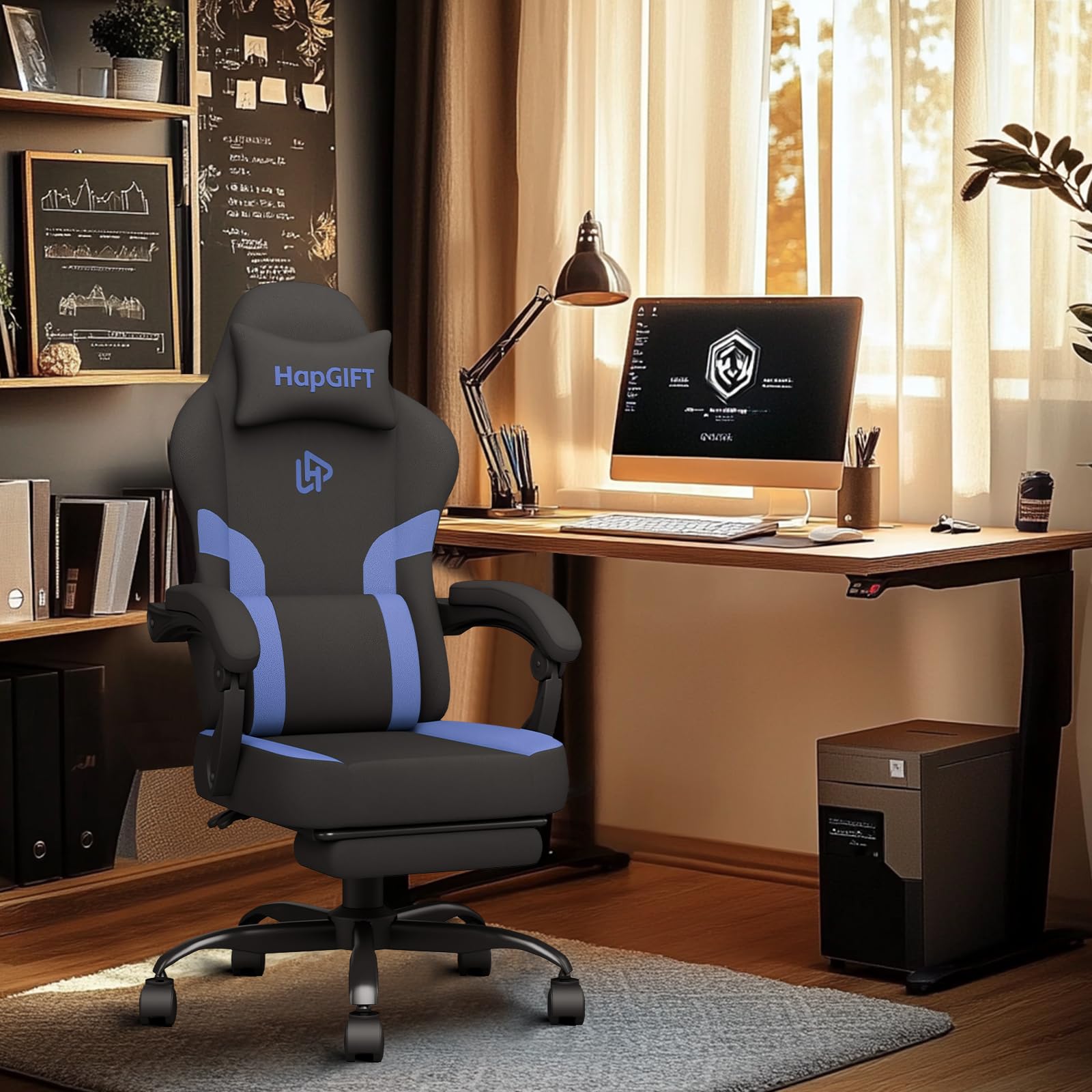 HapGIFT Ergonomic Gaming Chair for Adults - High Back Computer Chair with Massage Lumbar Support & Headrest - Breathable Technical Fabric Office Chair with Wide Seat Cushion & Footrest - Supports 300LBS (Black-Blue) - Perfect for PC Gaming, Home Office & Esports Tournaments