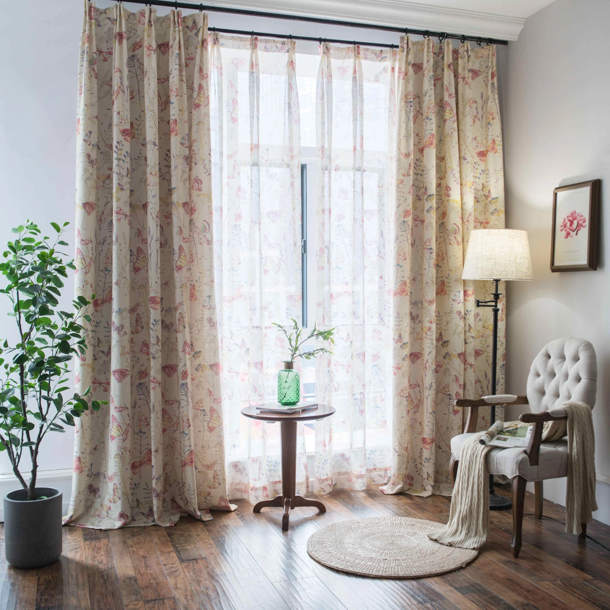Vintage Farmhouse Butterfly Botanical Print Custom Curtains - Floral Window Drapes for Living Room, Bedroom & Kitchen Decor